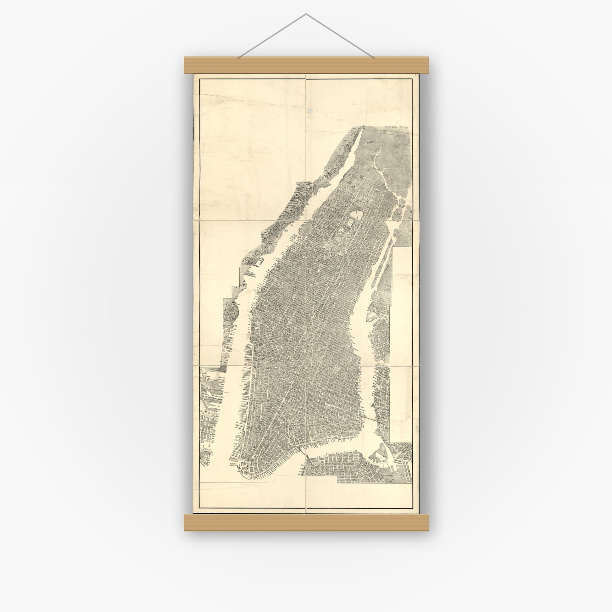 Old map wall art mockup — magnetic wood frame on white wall — [Bird's-eye-view of Manhattan and adjacent districts, New York City]. (1900)