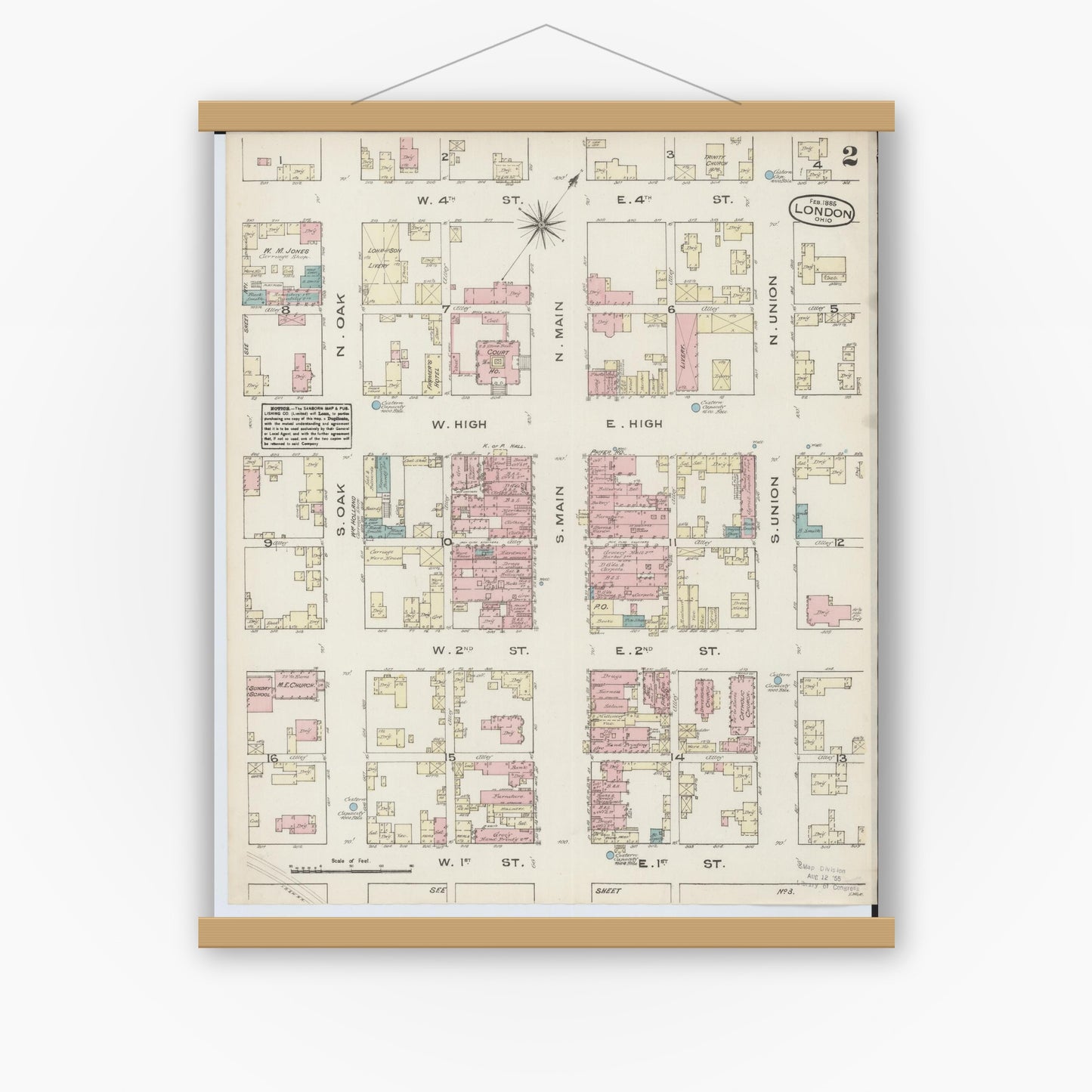 Old map wall art mockup — magnetic wood frame on white wall — Sanborn Fire Insurance Map from London, Madison County, Ohio (1885), Sheet #0002
