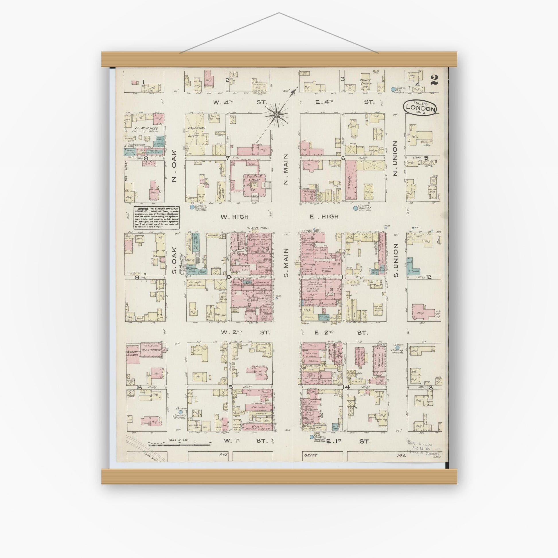 Old map wall art mockup — magnetic wood frame on white wall — Sanborn Fire Insurance Map from London, Madison County, Ohio (1885), Sheet #0002