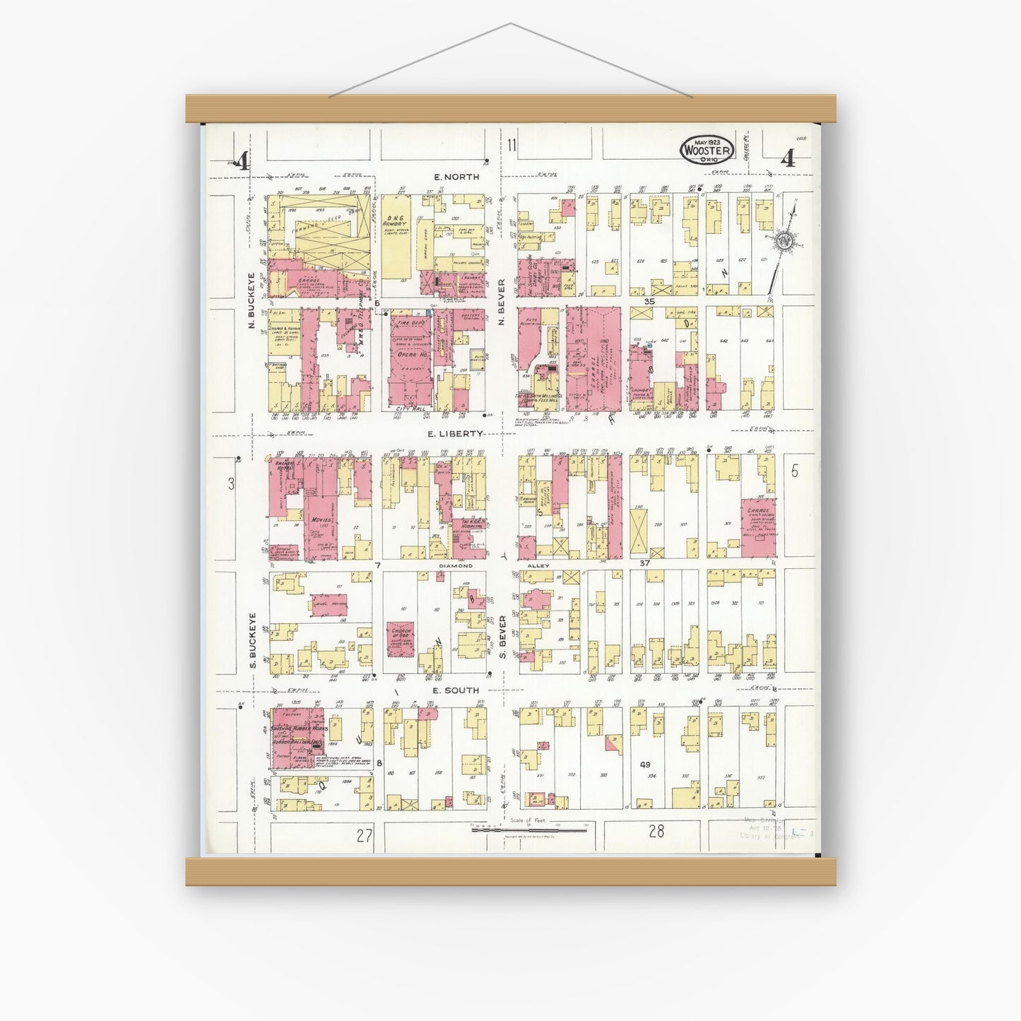 Old map wall art mockup — magnetic wood frame on white wall — Sanborn Fire Insurance Map from Wooster, Wayne County, Ohio (1923), Sheet #0004