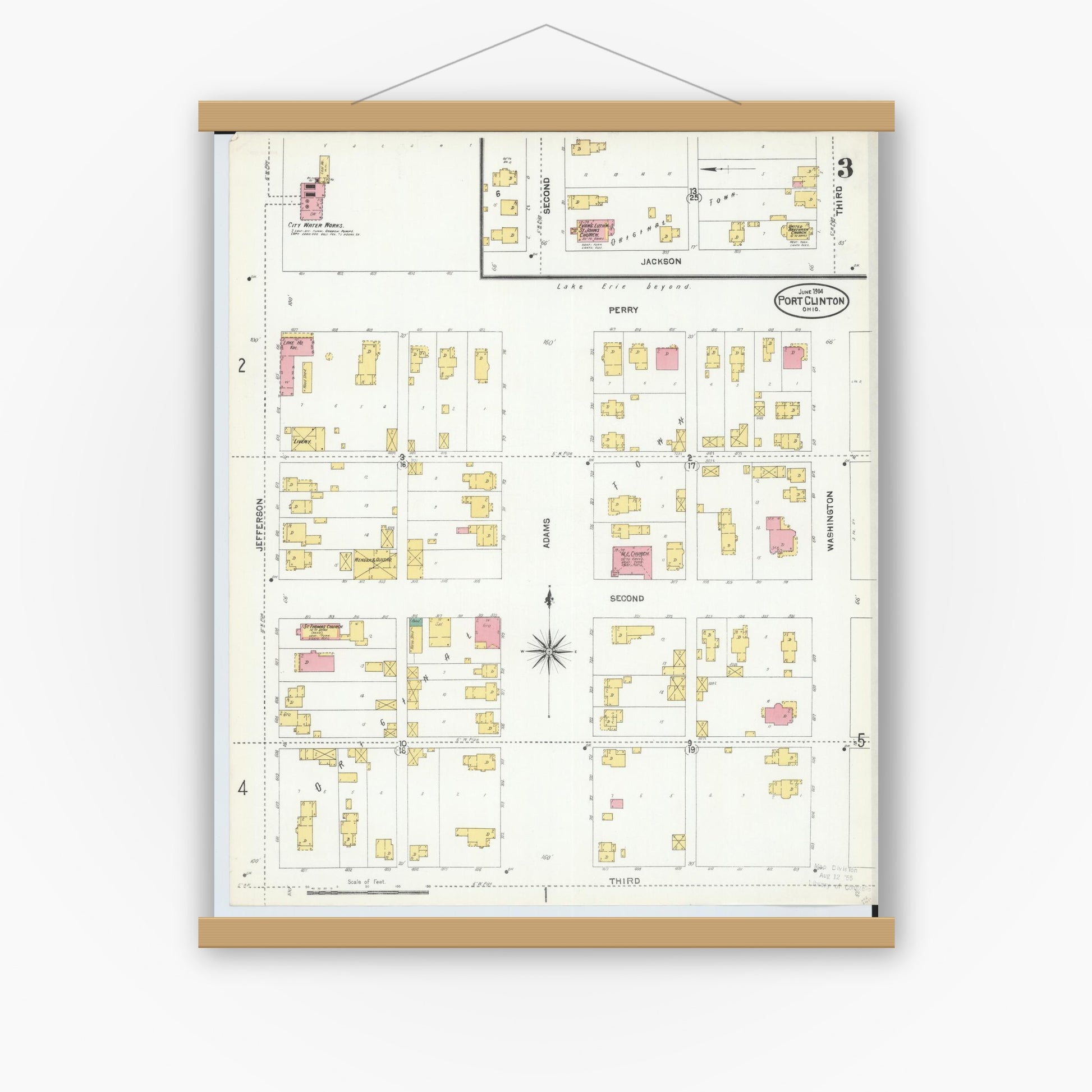 Old map wall art mockup — magnetic wood frame on white wall — Sanborn Fire Insurance Map from Port Clinton, Ottawa County, Ohio (1904), Sheet #0003