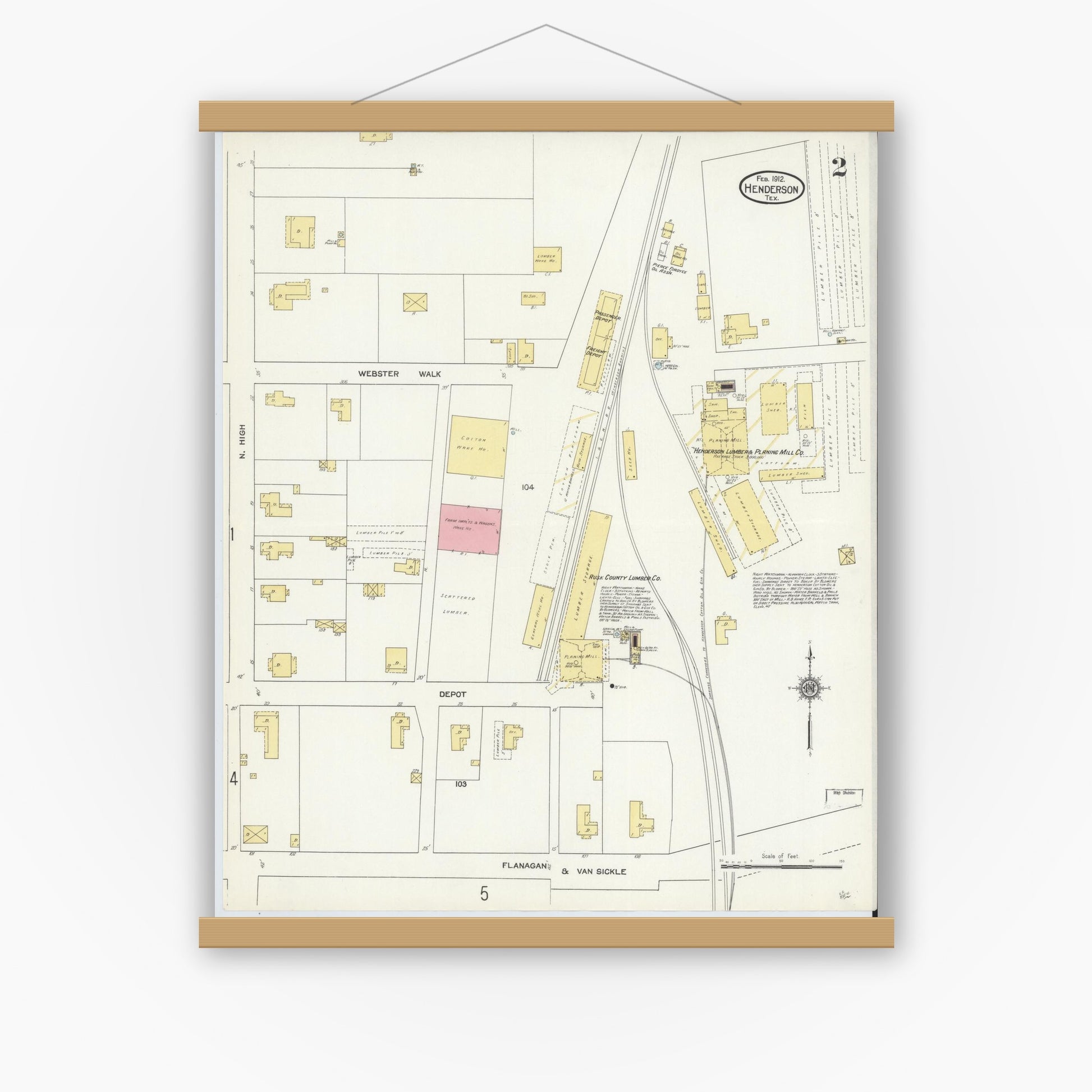 Old map wall art mockup — magnetic wood frame on white wall — Sanborn Fire Insurance Map from Henderson, Rusk County, Texas (1912), Sheet #0002