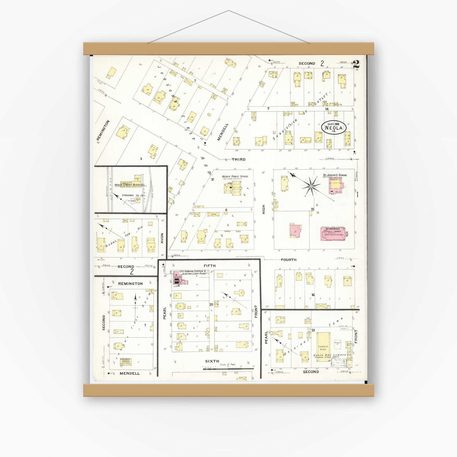 Old map wall art mockup — magnetic wood frame on white wall — Sanborn Fire Insurance Map from Neola, Pottawattamie County, Iowa (1908), Sheet #0002