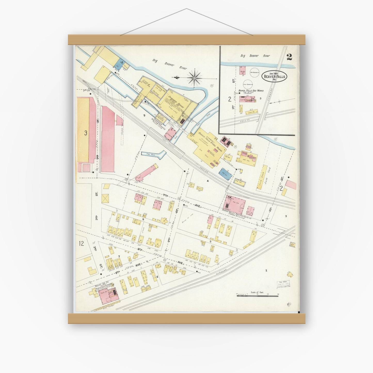 Old map wall art mockup — magnetic wood frame on white wall — Sanborn Fire Insurance Map from Beaver Falls, Beaver County, Pennsylvania (1907), Sheet #0002