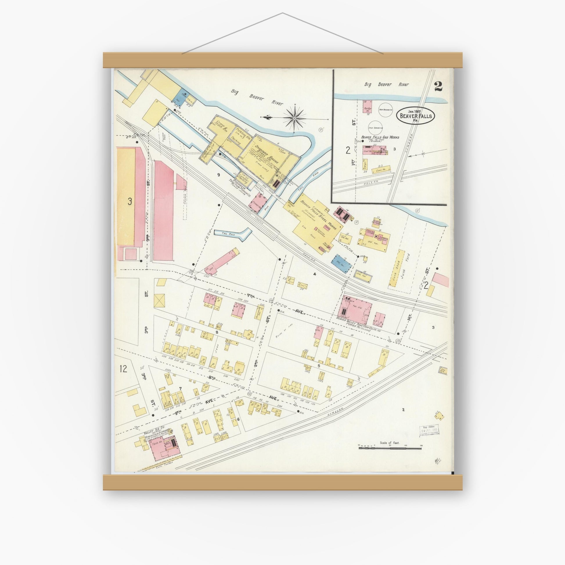 Old map wall art mockup — magnetic wood frame on white wall — Sanborn Fire Insurance Map from Beaver Falls, Beaver County, Pennsylvania (1907), Sheet #0002