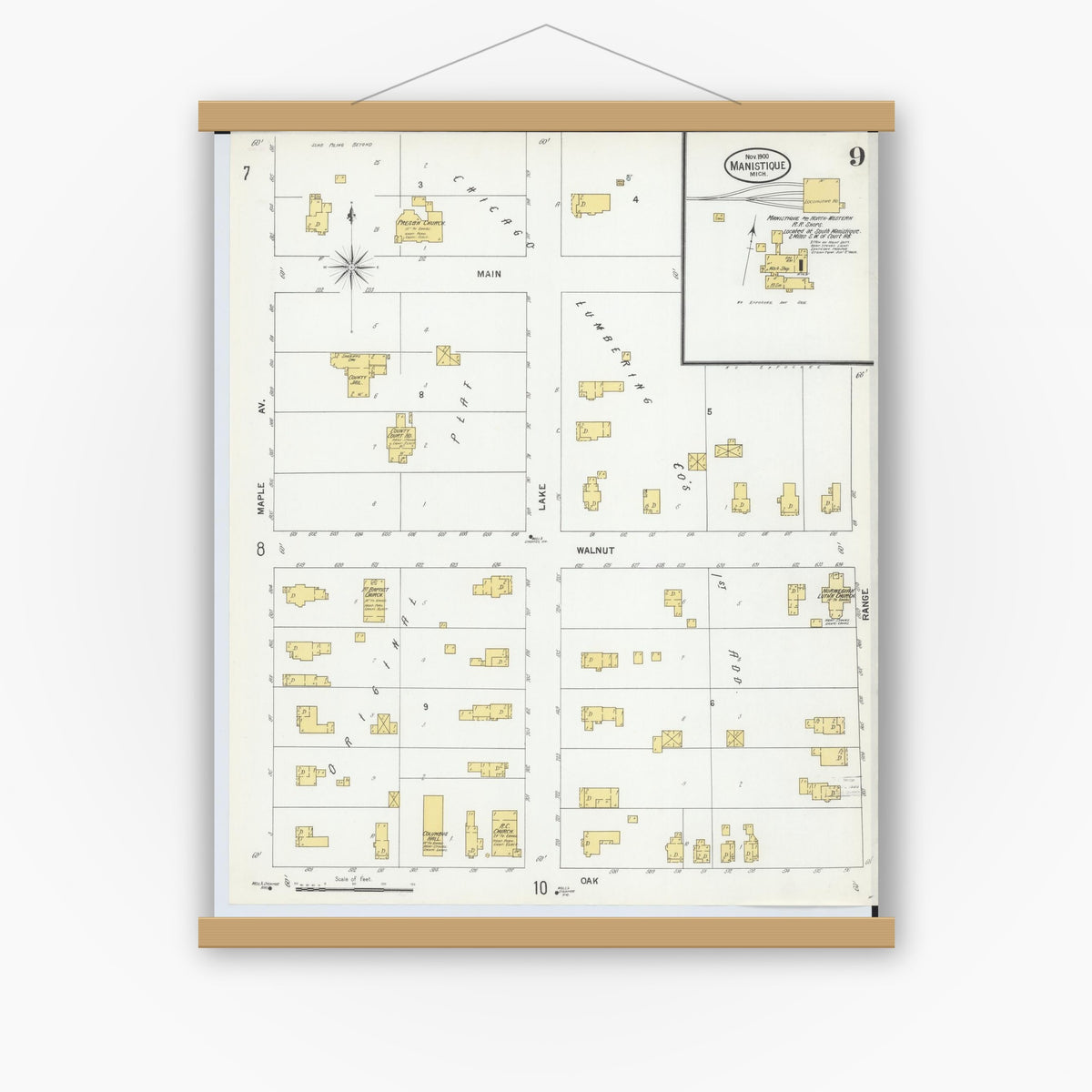Old map wall art mockup — magnetic wood frame on white wall — Sanborn Fire Insurance Map from Manistique, Schoolcraft County, Michigan (1900), Sheet #0009