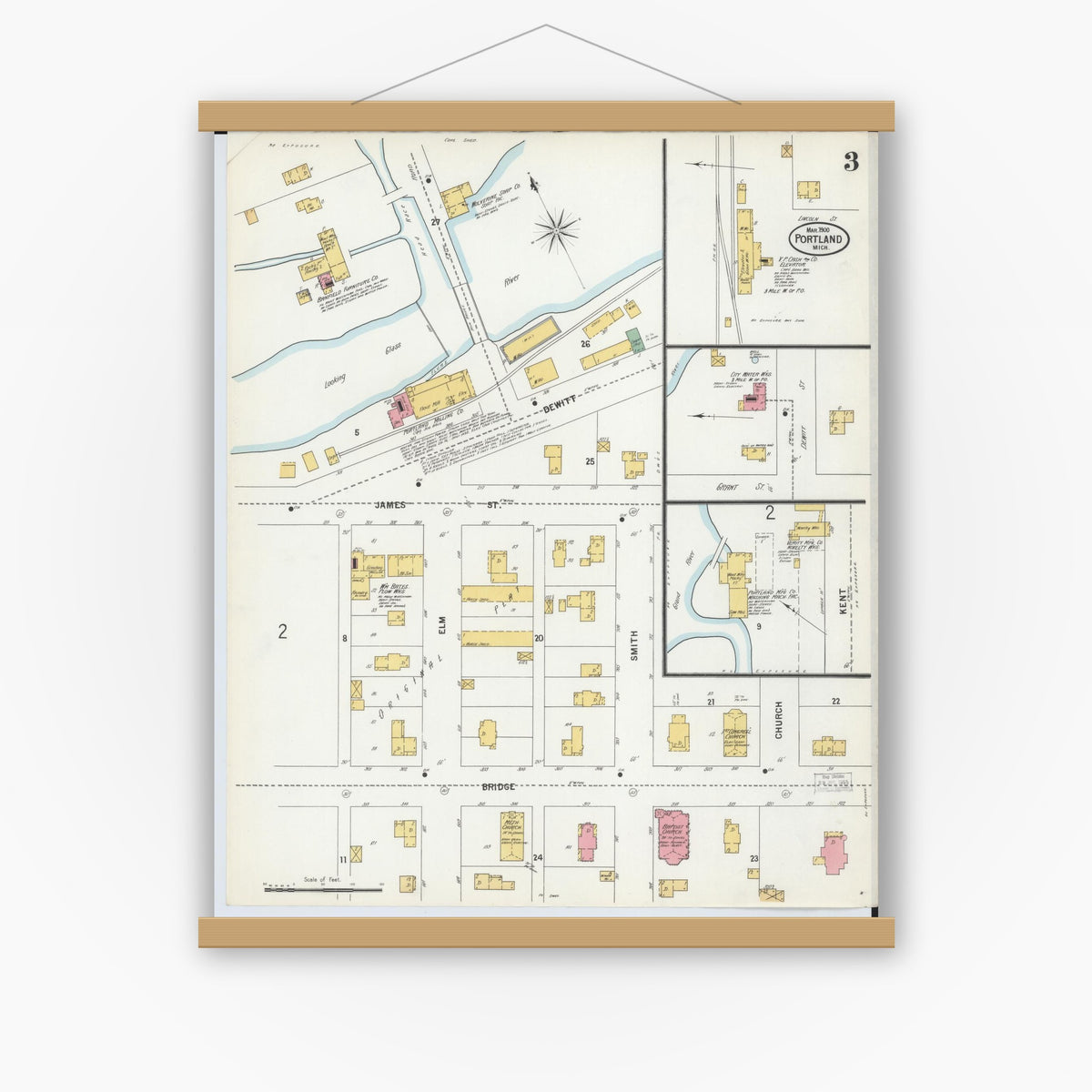 Old map wall art mockup — magnetic wood frame on white wall — Sanborn Fire Insurance Map from Portland, Ionia County, Michigan (1900), Sheet #0003