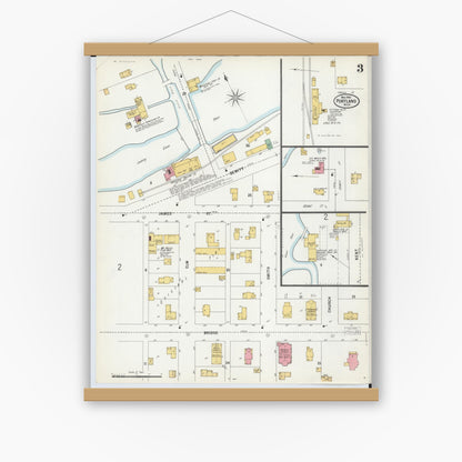Old map wall art mockup — magnetic wood frame on white wall — Sanborn Fire Insurance Map from Portland, Ionia County, Michigan (1900), Sheet #0003