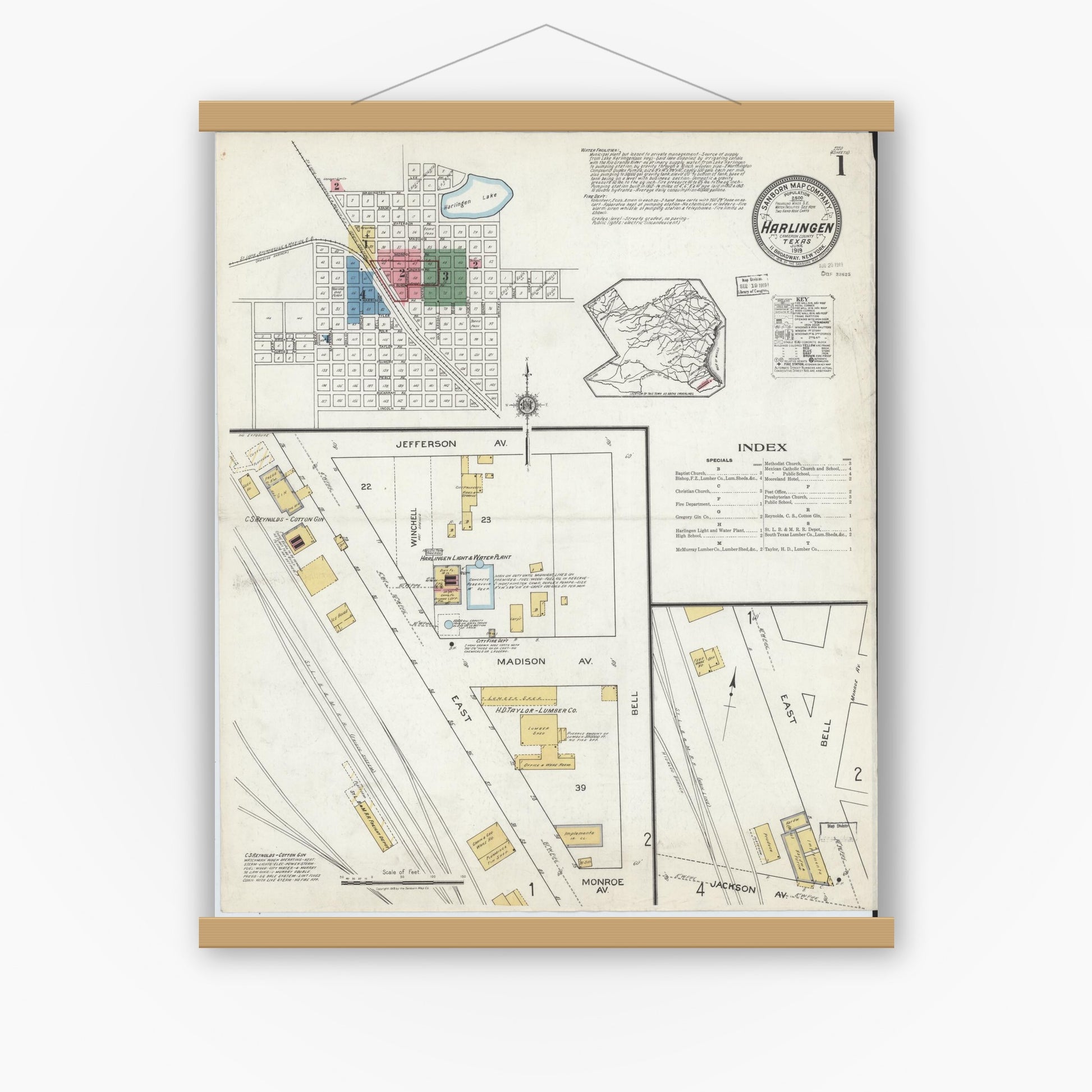 Old map wall art mockup — magnetic wood frame on white wall — Sanborn Fire Insurance Map from Harlingen, Cameron County, Texas (1919), Sheet #0001