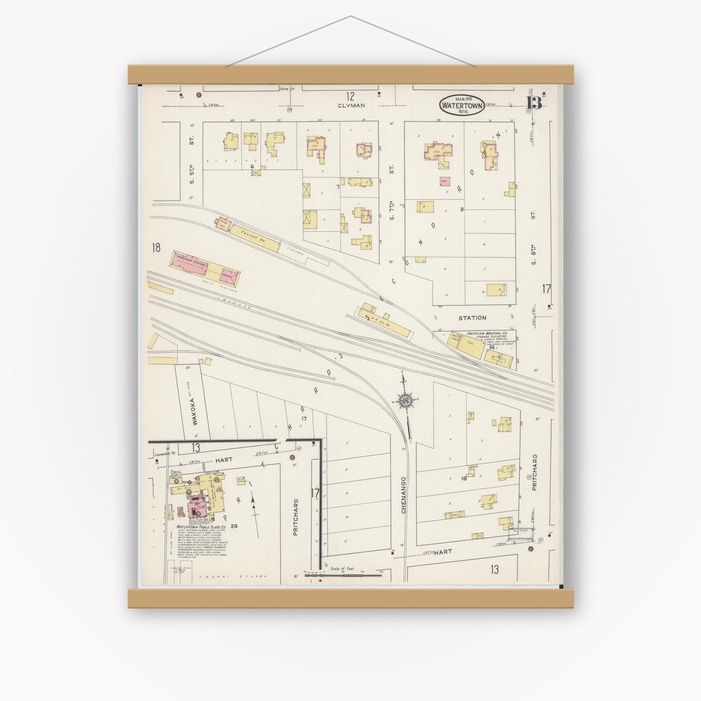 Old map wall art mockup — magnetic wood frame on white wall — Sanborn Fire Insurance Map from Watertown, Jefferson County, Wisconsin (1915), Sheet #0014