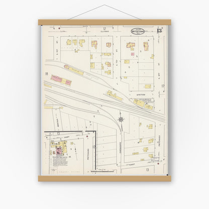 Old map wall art mockup — magnetic wood frame on white wall — Sanborn Fire Insurance Map from Watertown, Jefferson County, Wisconsin (1915), Sheet #0014