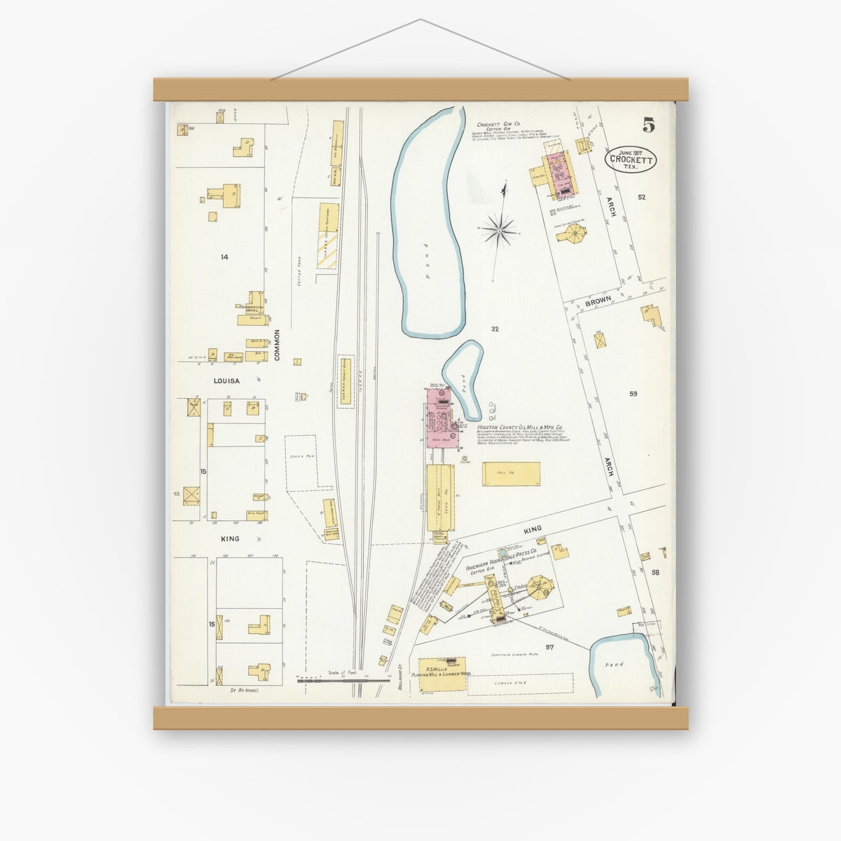 Old map wall art mockup — magnetic wood frame on white wall — Sanborn Fire Insurance Map from Crockett, Houston County, Texas (1907), Sheet #0005