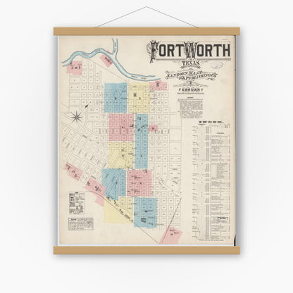 Old map wall art mockup — magnetic wood frame on white wall — Sanborn Fire Insurance Map from Fort Worth, Tarrant County, Texas (1885) - Complete Map Set