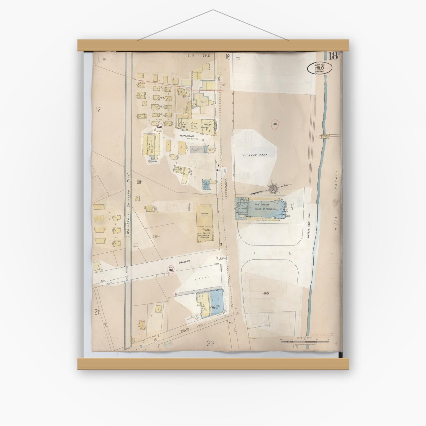 Old map wall art mockup — magnetic wood frame on white wall — Sanborn Fire Insurance Map from Hilo, Hawaii County, Hawaii (1957), Sheet #0018