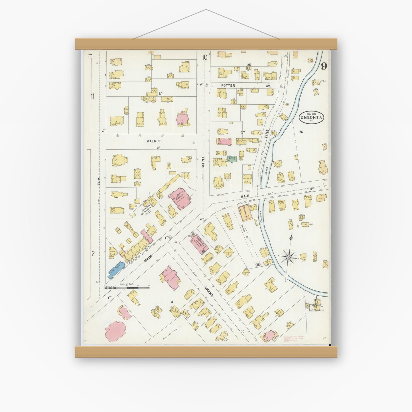 Old map wall art mockup — magnetic wood frame on white wall — Sanborn Fire Insurance Map from Oneonta, Otsego County, New York (1898), Sheet #0009