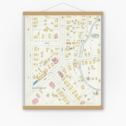 Old map wall art mockup — magnetic wood frame on white wall — Sanborn Fire Insurance Map from Oneonta, Otsego County, New York (1898), Sheet #0009