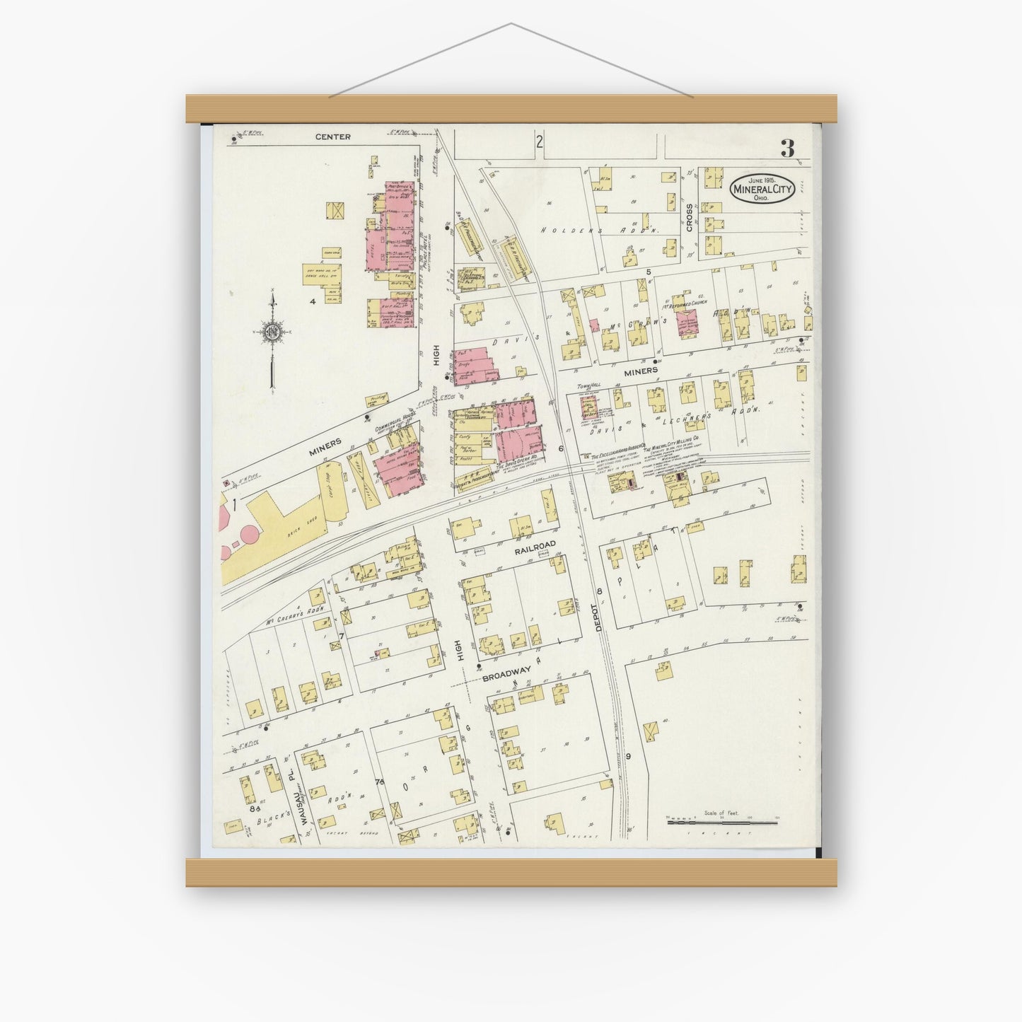 Old map wall art mockup — magnetic wood frame on white wall — Sanborn Fire Insurance Map from Mineral City, Tuscarawas County, Ohio (1915), Sheet #0003