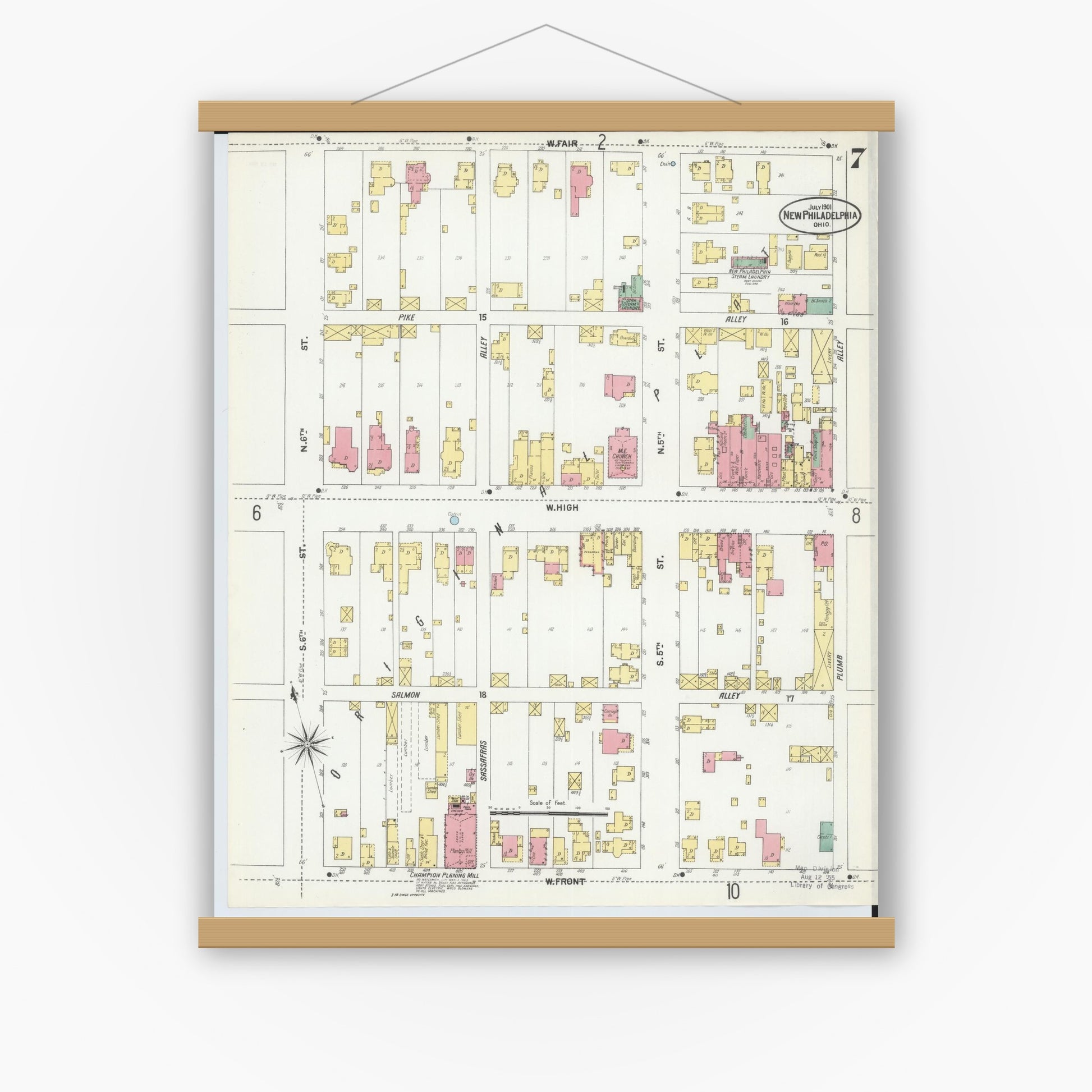 Old map wall art mockup — magnetic wood frame on white wall — Sanborn Fire Insurance Map from New Philadelphia, Tuscarawas County, Ohio (1901), Sheet #0007