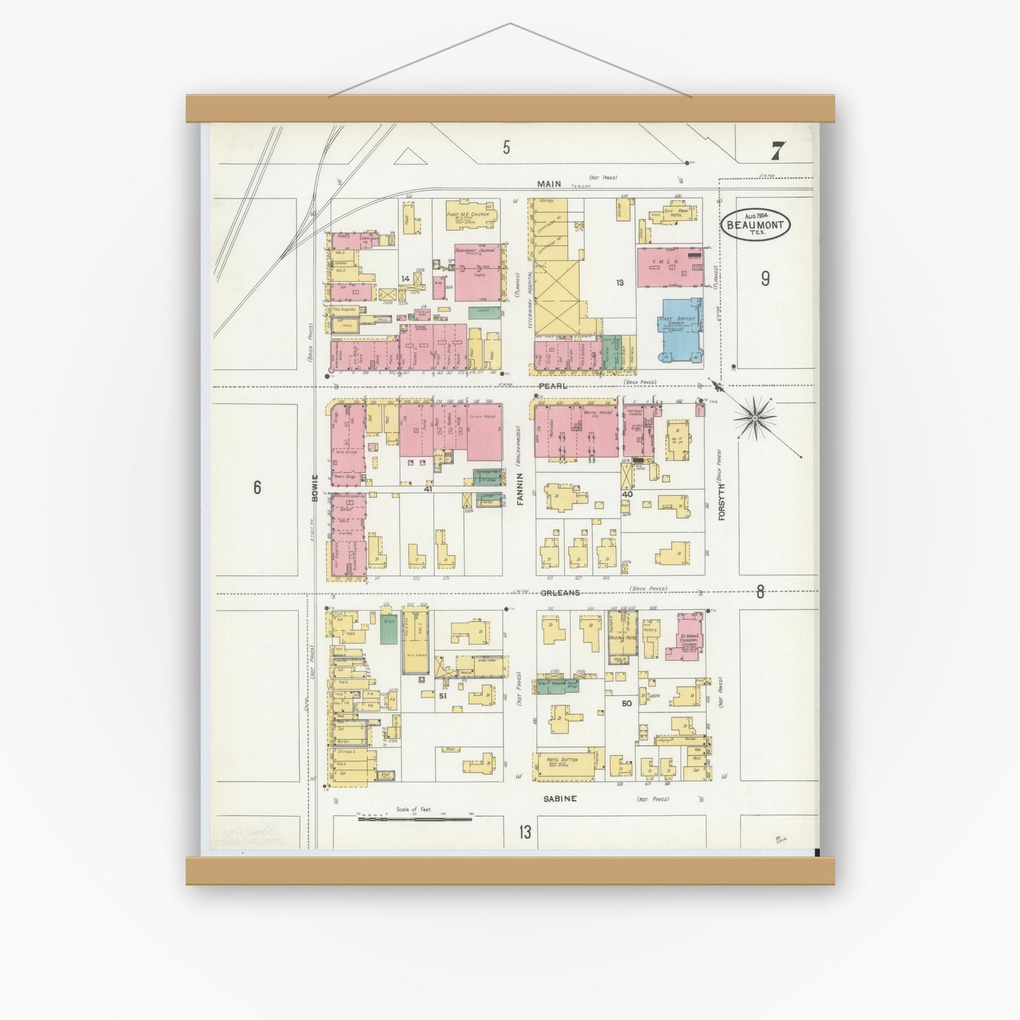 Old map wall art mockup — magnetic wood frame on white wall — Sanborn Fire Insurance Map from Beaumont, Jefferson County, Texas (1904), Sheet #0007