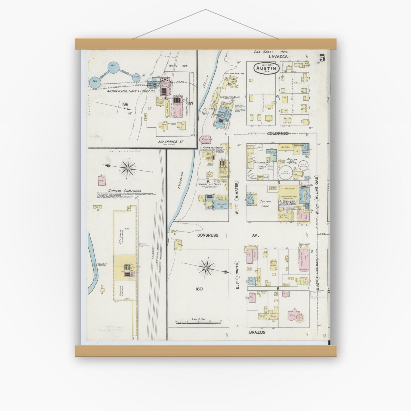 Old map wall art mockup — magnetic wood frame on white wall — Sanborn Fire Insurance Map from Austin, Travis County, Texas (1889), Sheet #0005