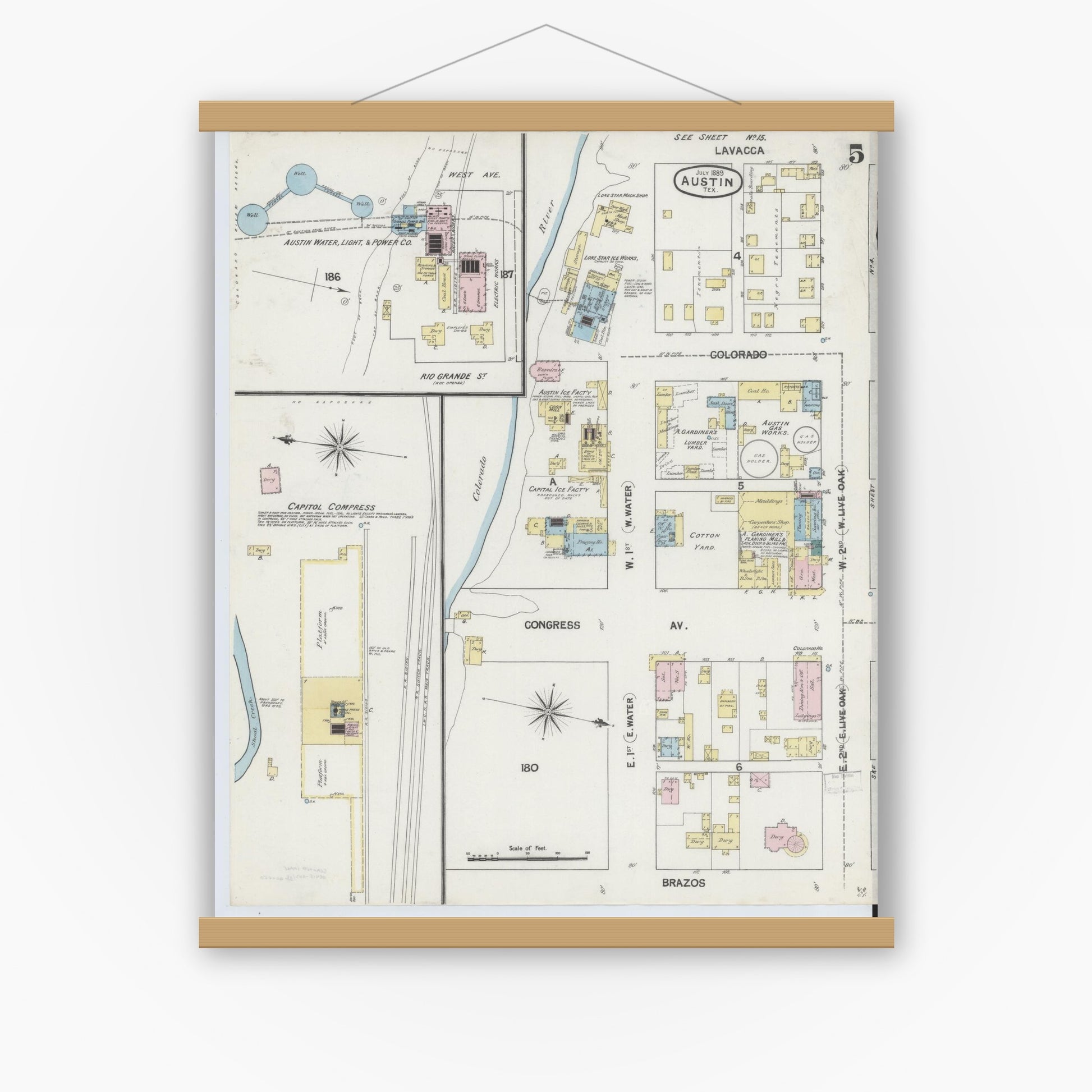Old map wall art mockup — magnetic wood frame on white wall — Sanborn Fire Insurance Map from Austin, Travis County, Texas (1889), Sheet #0005