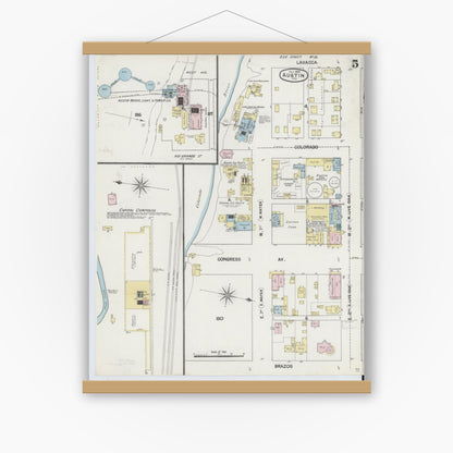 Old map wall art mockup — magnetic wood frame on white wall — Sanborn Fire Insurance Map from Austin, Travis County, Texas (1889), Sheet #0005