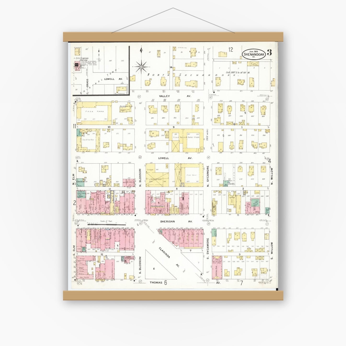 Old map wall art mockup — magnetic wood frame on white wall — Sanborn Fire Insurance Map from Shenandoah, Page County, Iowa (1909), Sheet #0003