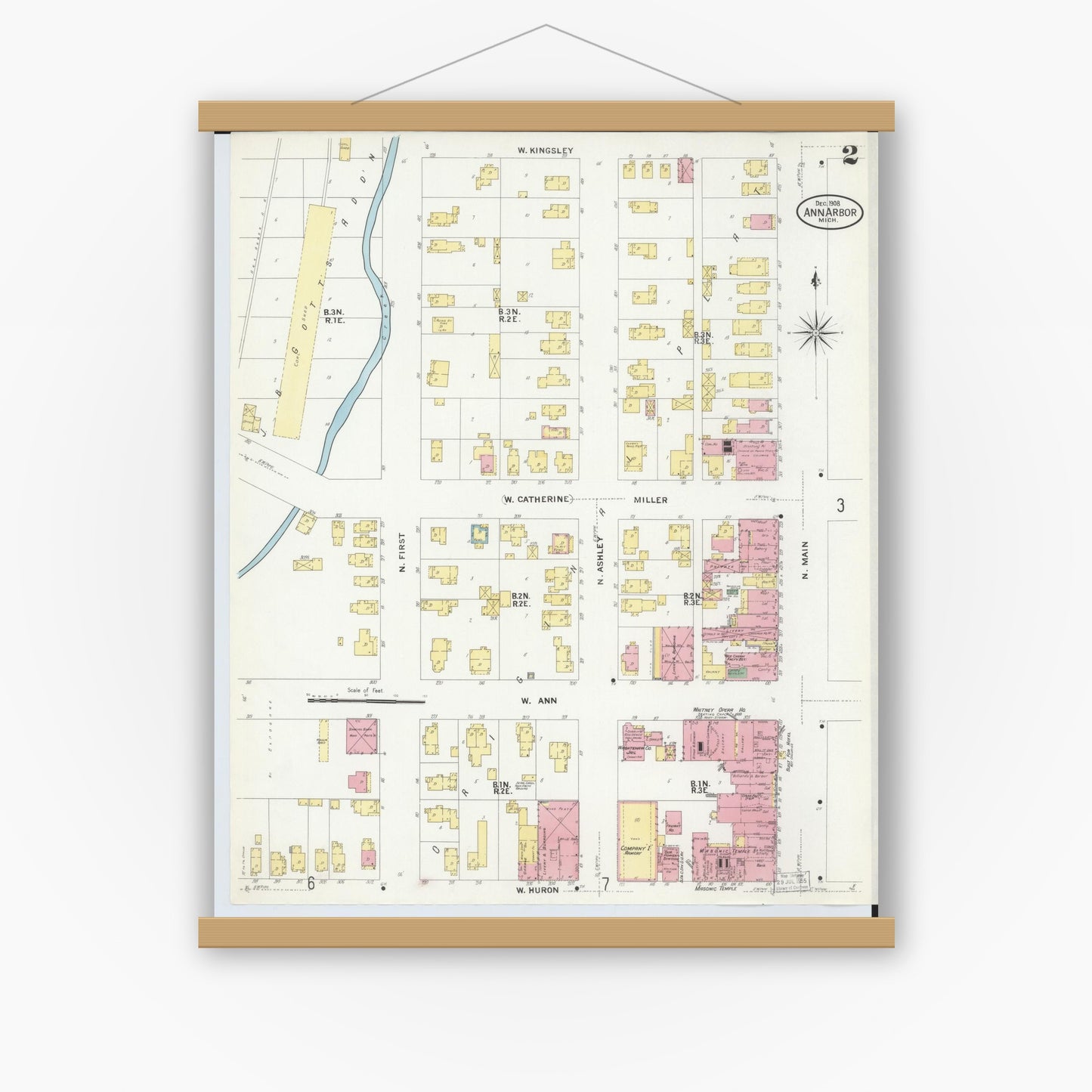 Old map wall art mockup — magnetic wood frame on white wall — Sanborn Fire Insurance Map from Ann Arbor, Washtenaw County, Michigan (1908), Sheet #0002