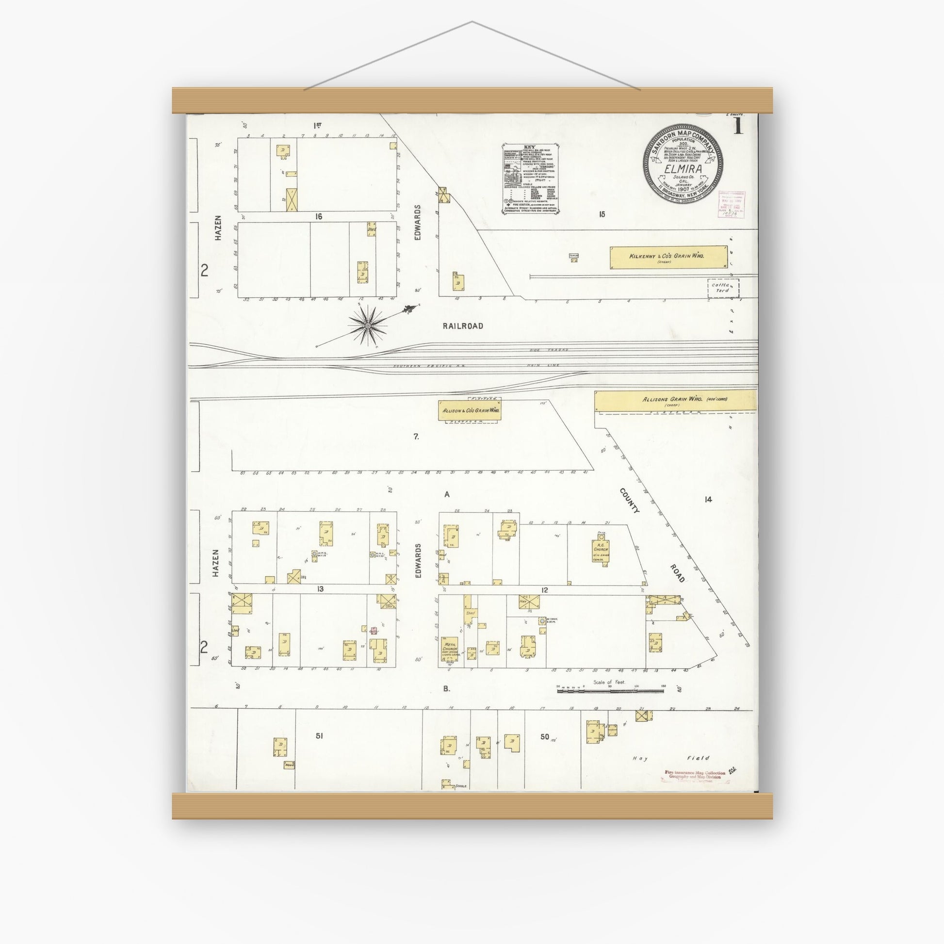 Old map wall art mockup — magnetic wood frame on white wall — Sanborn Fire Insurance Map from Elmira, Solano County, California (1907) - Complete Map Set