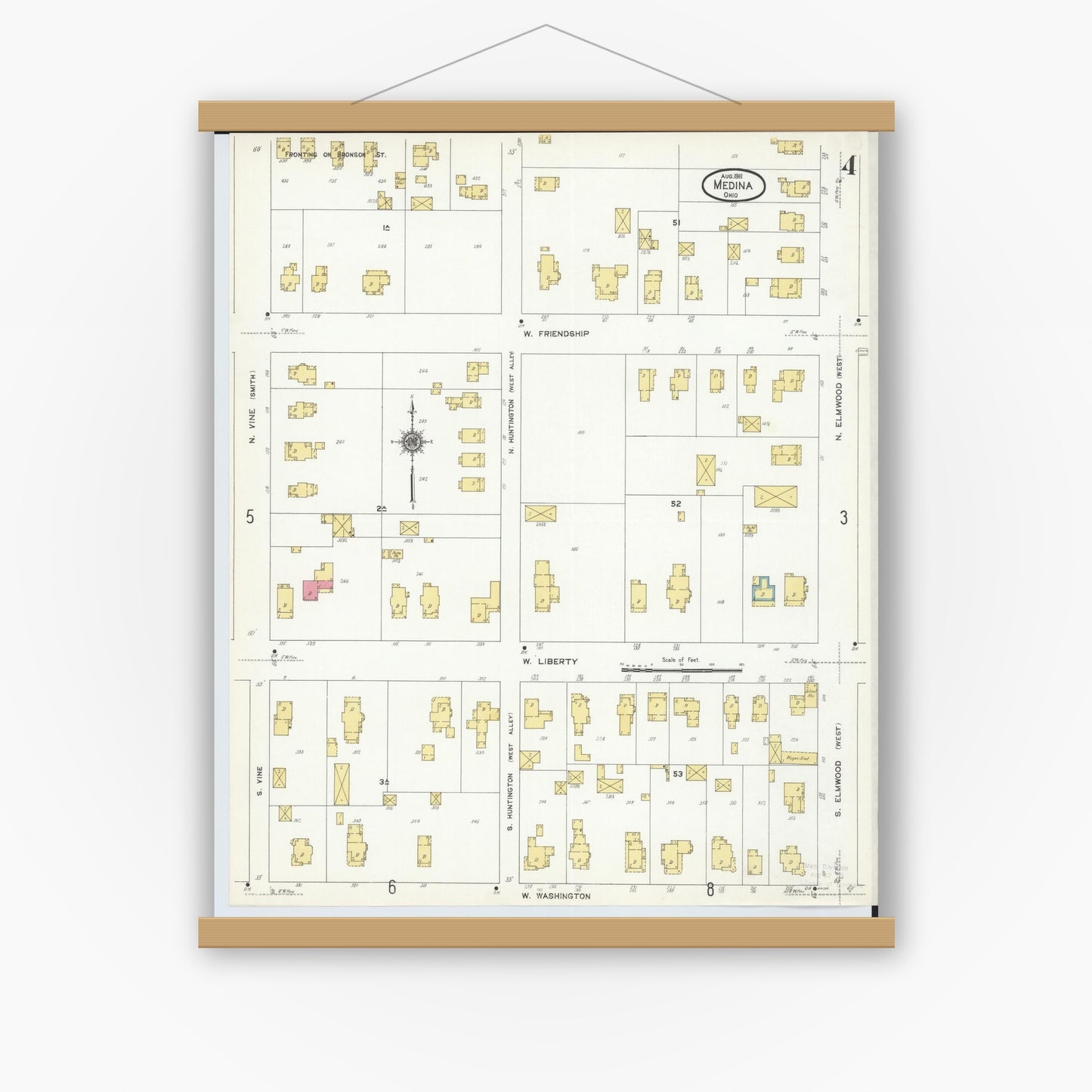 Old map wall art mockup — magnetic wood frame on white wall — Sanborn Fire Insurance Map from Medina, Medina County, Ohio (1911), Sheet #0004