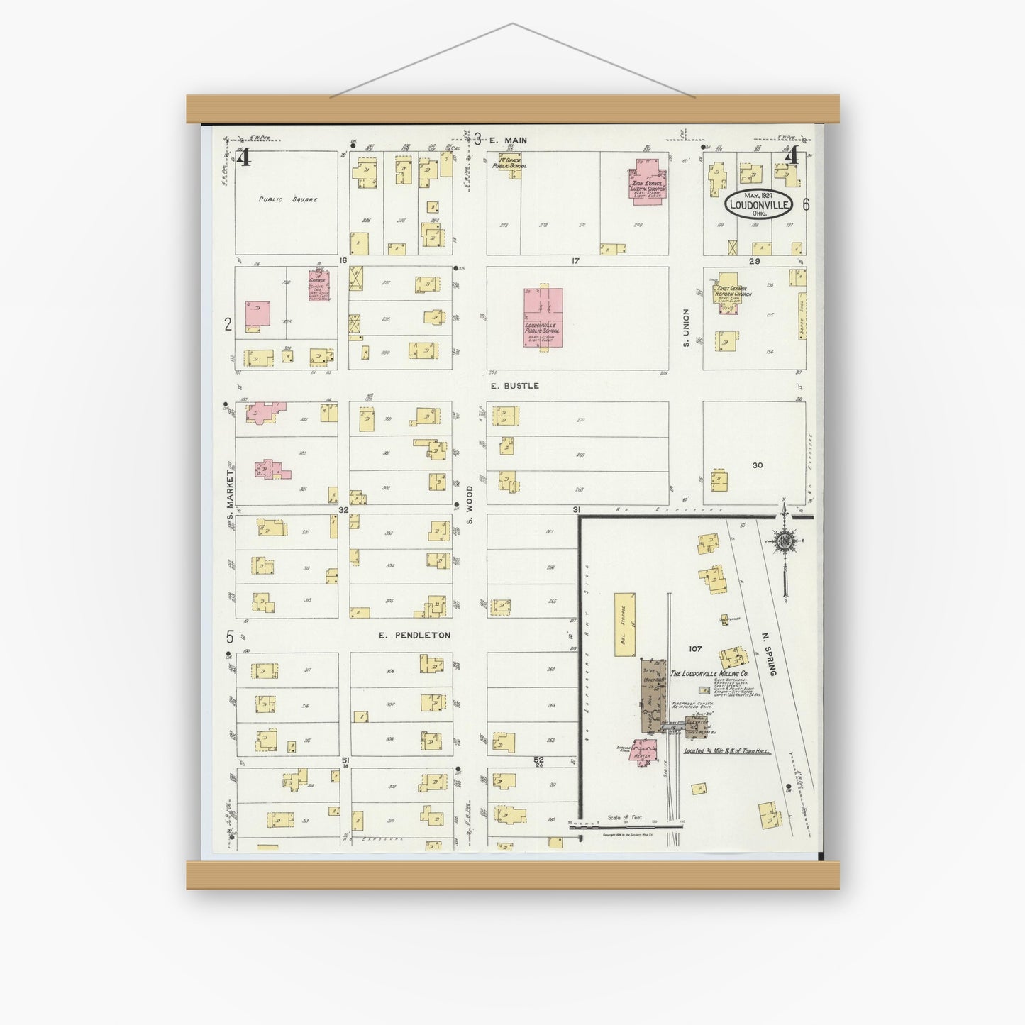 Old map wall art mockup — magnetic wood frame on white wall — Sanborn Fire Insurance Map from Loudonville, Ashland County, Ohio (1924), Sheet #0004