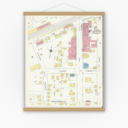 Old map wall art mockup — magnetic wood frame on white wall — Sanborn Fire Insurance Map from High Point, Guilford County, North Carolina (1911), Sheet #0007