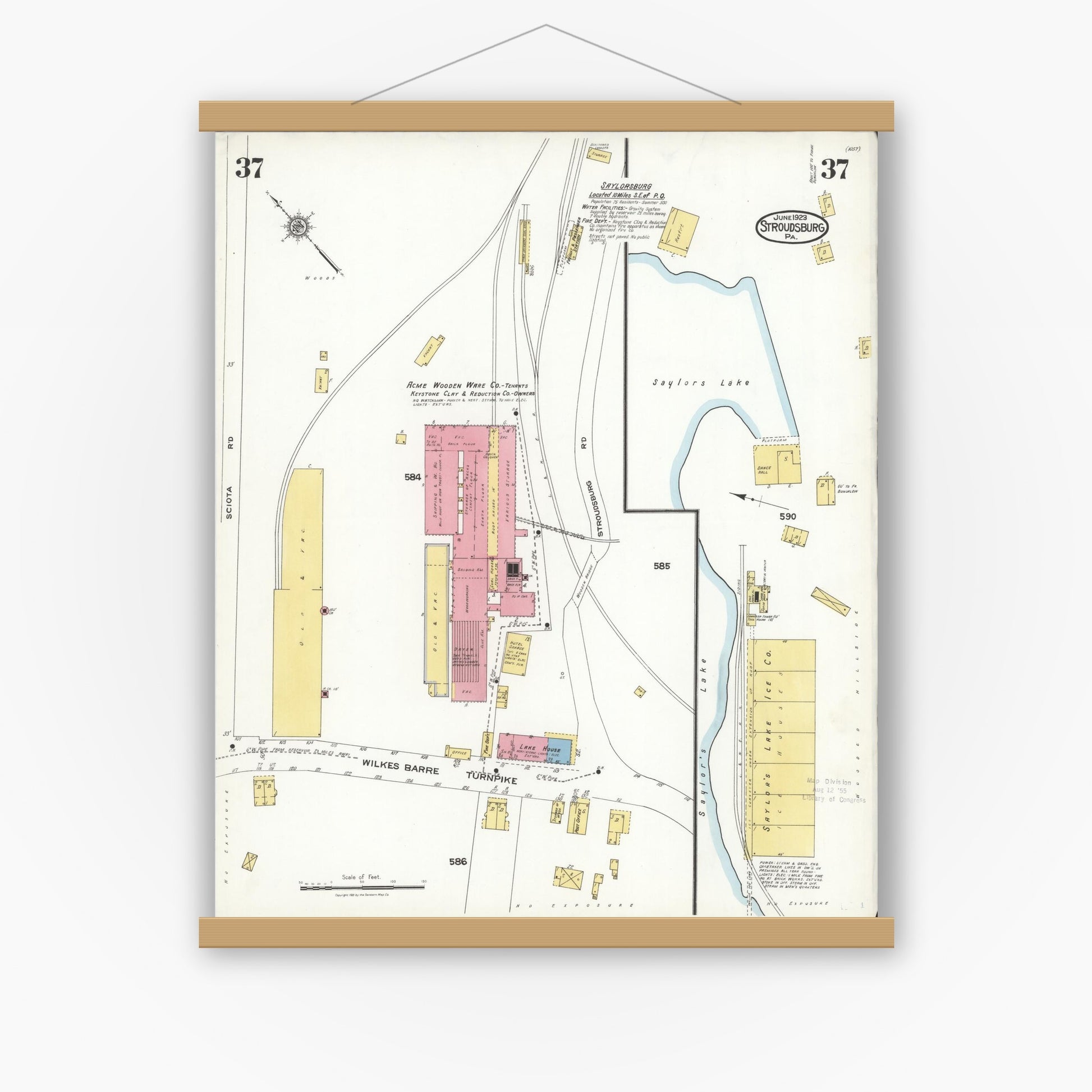 Old map wall art mockup — magnetic wood frame on white wall — Sanborn Fire Insurance Map from Stroudsburg, Monroe County, Pennsylvania (1923), Sheet #0037