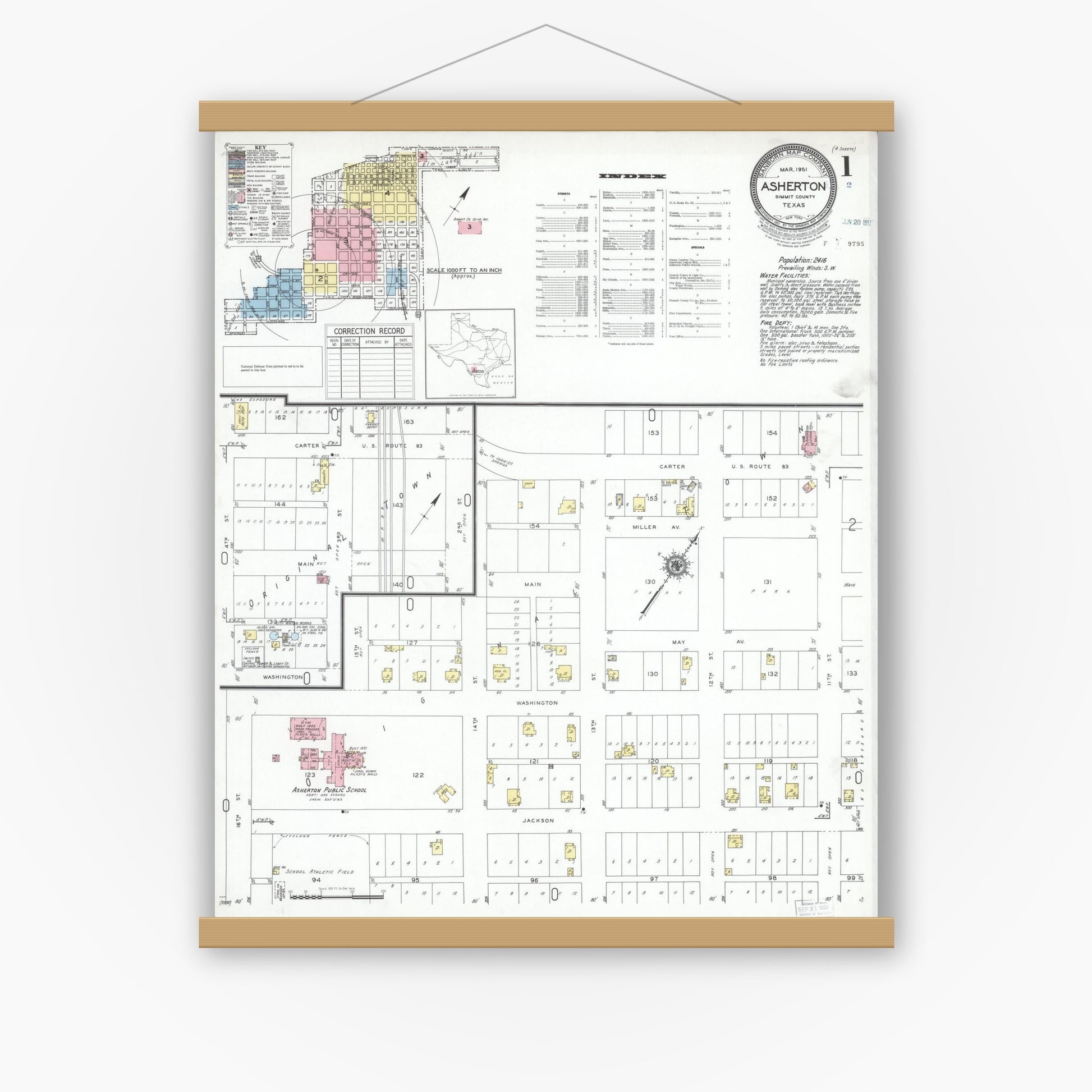 Old map wall art mockup — magnetic wood frame on white wall — Sanborn Fire Insurance Map from Asherton, Dimmit County, Texas (1951), Sheet #0001