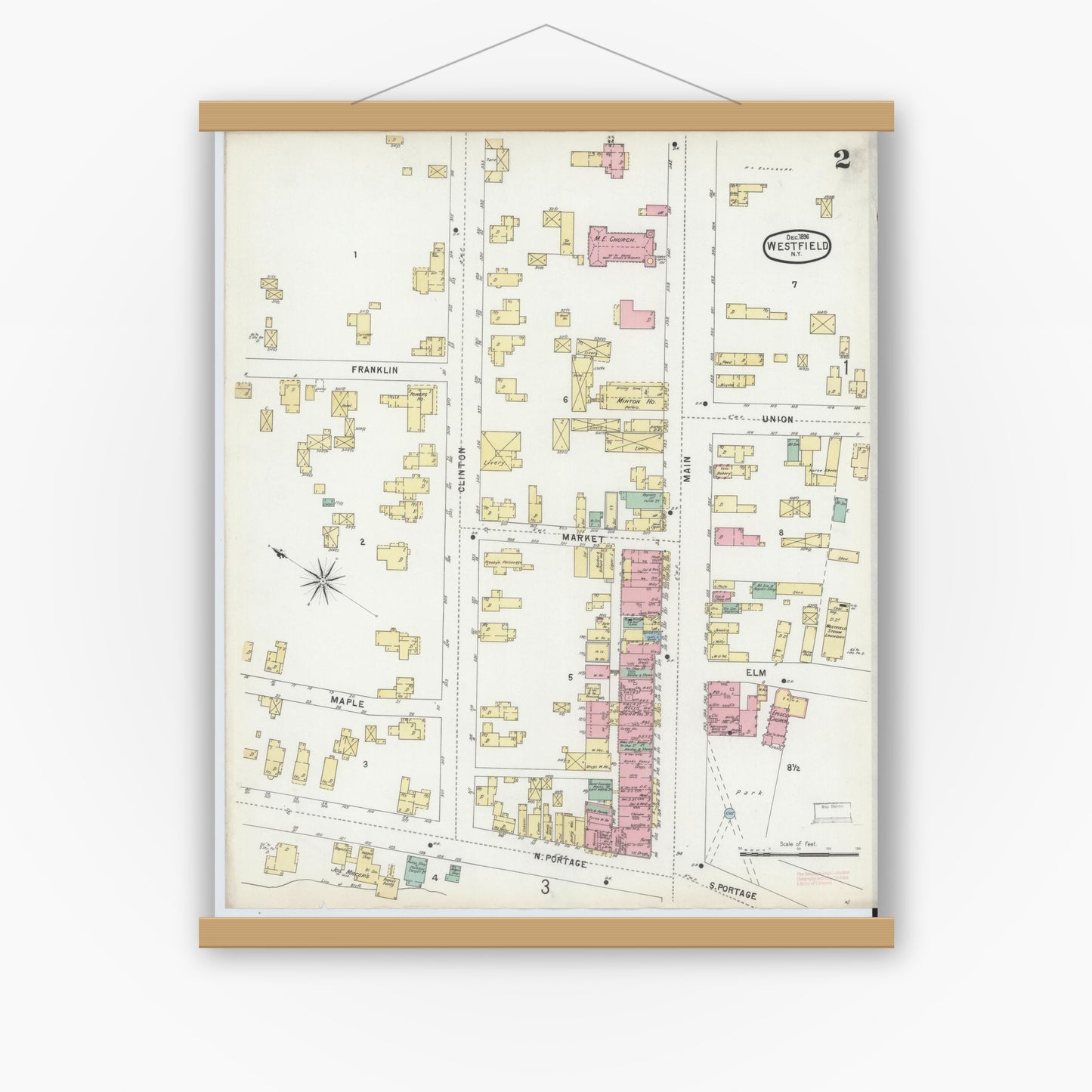 Old map wall art mockup — magnetic wood frame on white wall — Sanborn Fire Insurance Map from Westfield, Chautauqua County, New York (1896), Sheet #0002