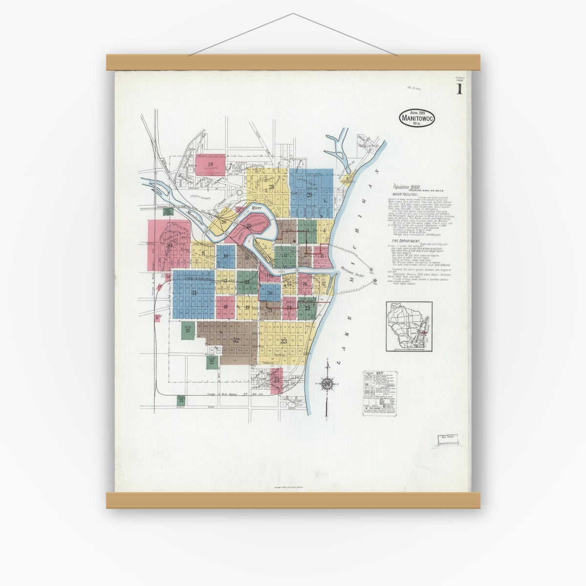 Old map wall art mockup — magnetic wood frame on white wall — Sanborn Fire Insurance Map from Manitowoc, Manitowoc County, Wisconsin (1919) - Complete Map Set