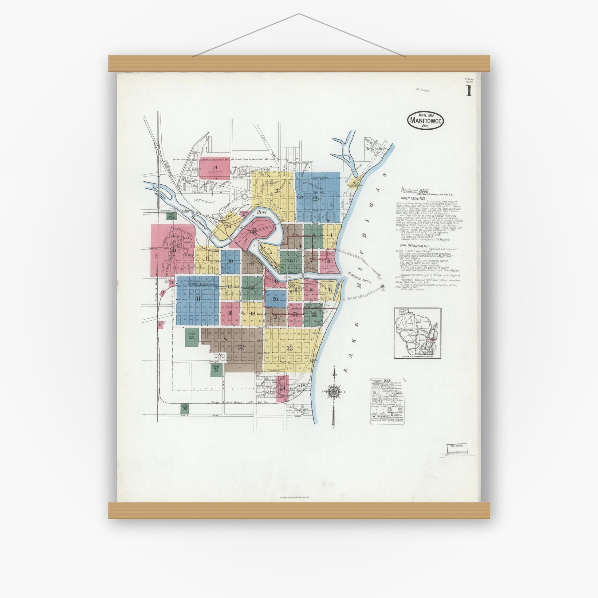 Old map wall art mockup — magnetic wood frame on white wall — Sanborn Fire Insurance Map from Manitowoc, Manitowoc County, Wisconsin (1919) - Complete Map Set