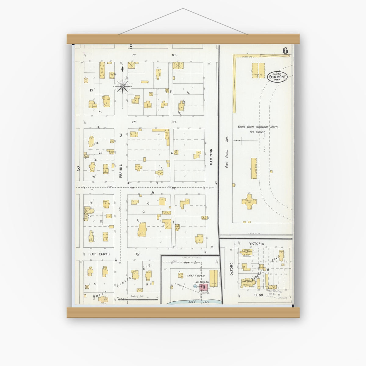 Old map wall art mockup — magnetic wood frame on white wall — Sanborn Fire Insurance Map from Fairmont, Martin County, Minnesota (1900), Sheet #0006