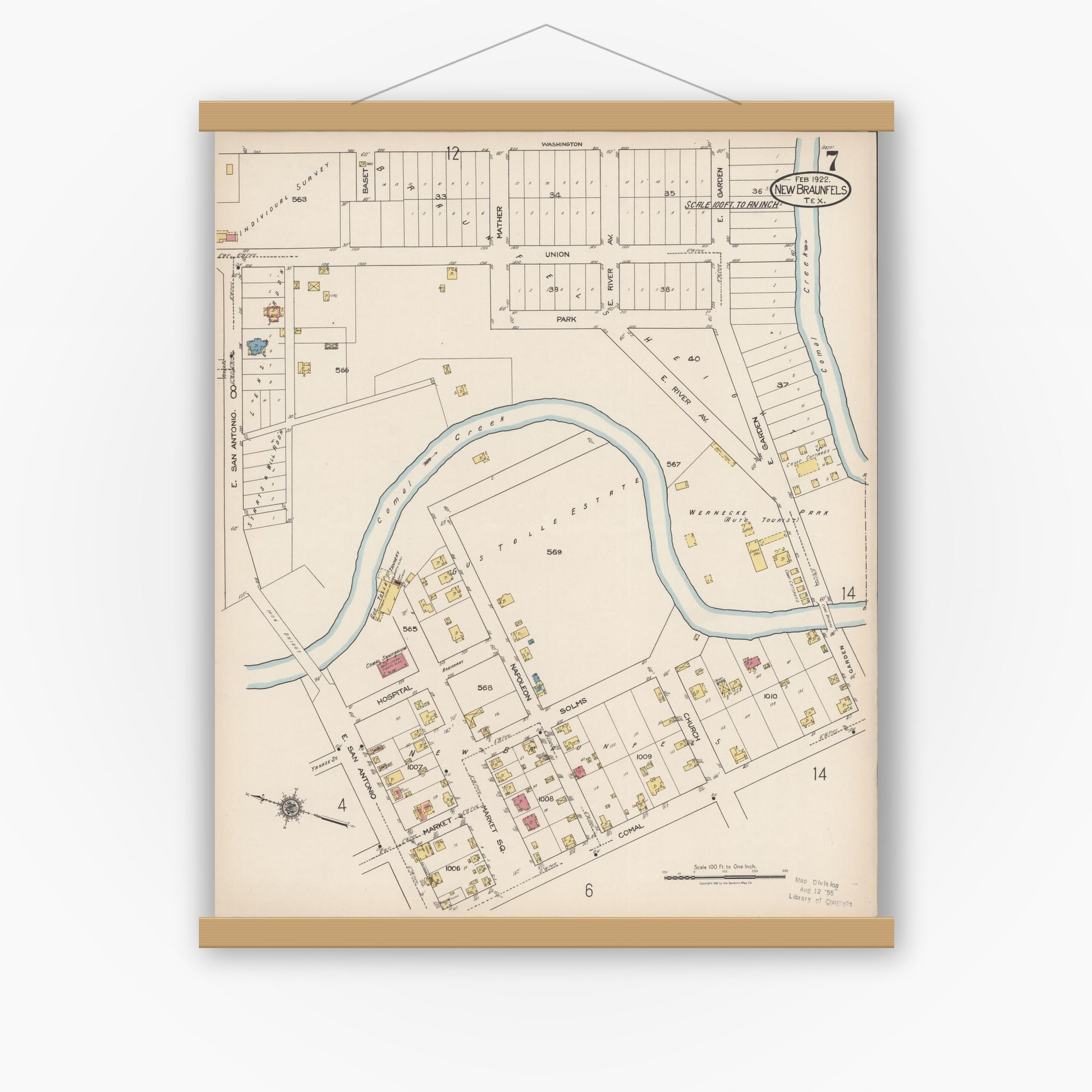 Old map wall art mockup — magnetic wood frame on white wall — Sanborn Fire Insurance Map from New Braunfels, Comal County, Texas (1922), Sheet #0007