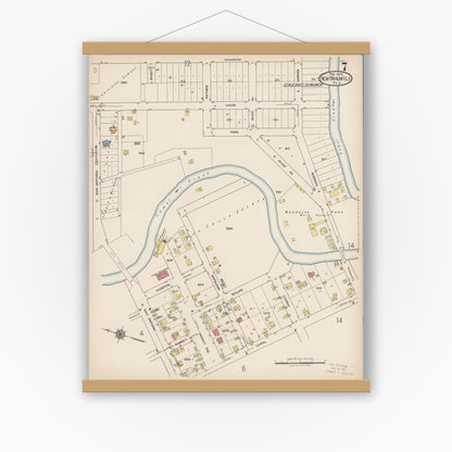 Old map wall art mockup — magnetic wood frame on white wall — Sanborn Fire Insurance Map from New Braunfels, Comal County, Texas (1922), Sheet #0007