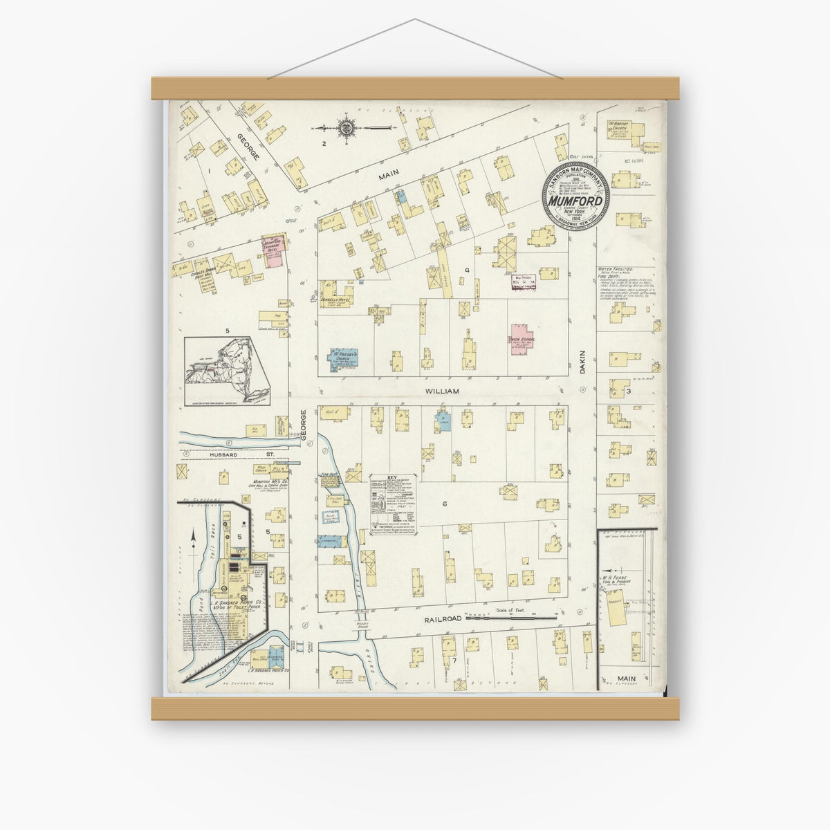 Old map wall art mockup — magnetic wood frame on white wall — Sanborn Fire Insurance Map from Mumford, Monroe County, New York (1914), Sheet #0001