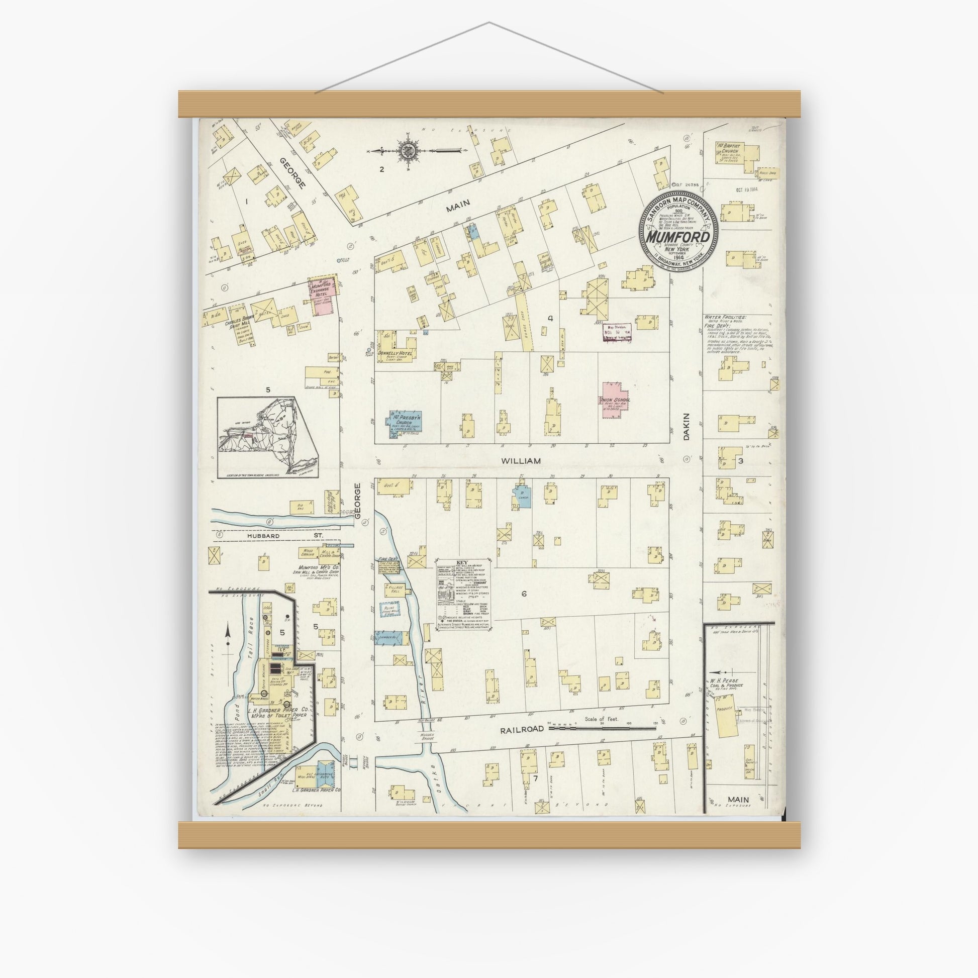 Old map wall art mockup — magnetic wood frame on white wall — Sanborn Fire Insurance Map from Mumford, Monroe County, New York (1914), Sheet #0001