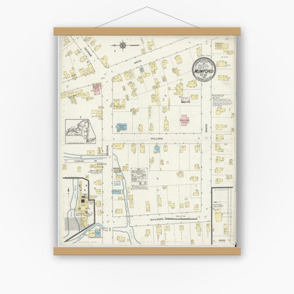 Old map wall art mockup — magnetic wood frame on white wall — Sanborn Fire Insurance Map from Mumford, Monroe County, New York (1914), Sheet #0001