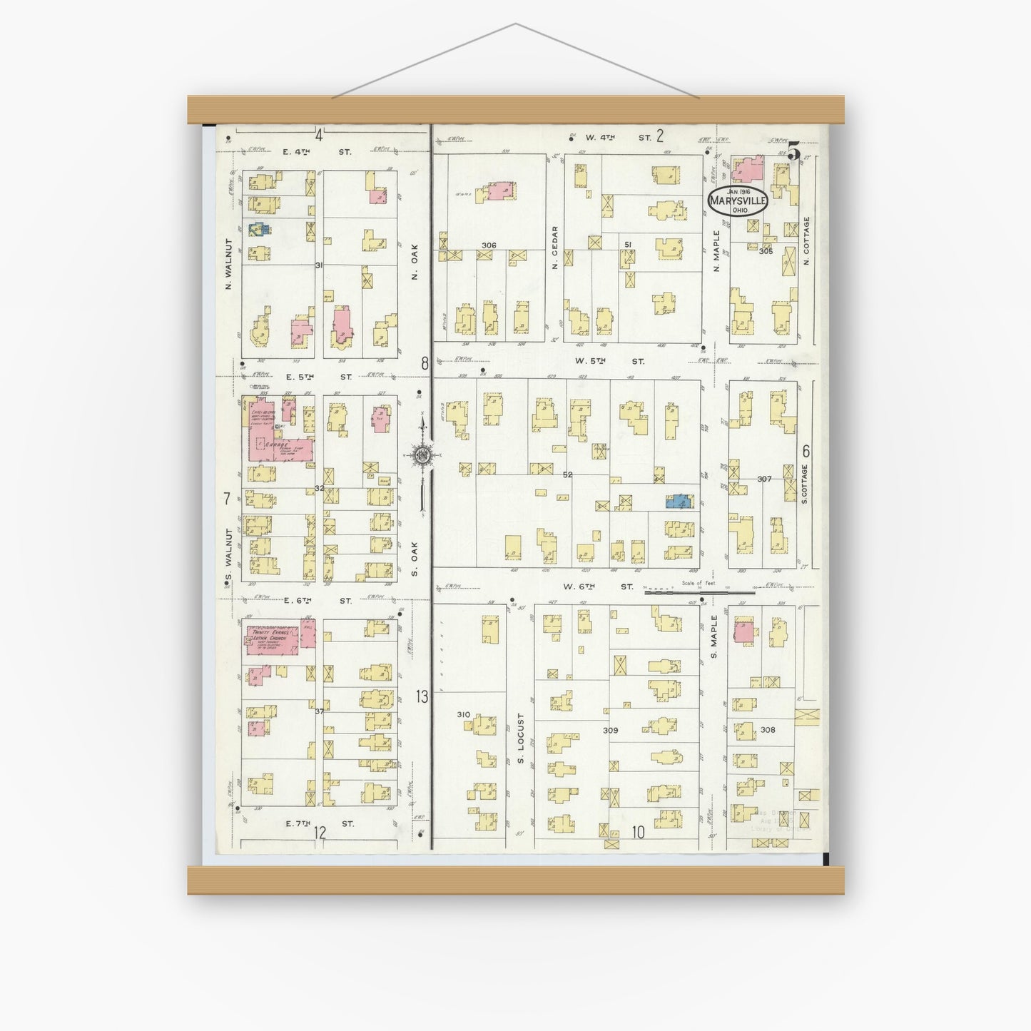 Old map wall art mockup — magnetic wood frame on white wall — Sanborn Fire Insurance Map from Marysville, Union County, Ohio (1916), Sheet #0005