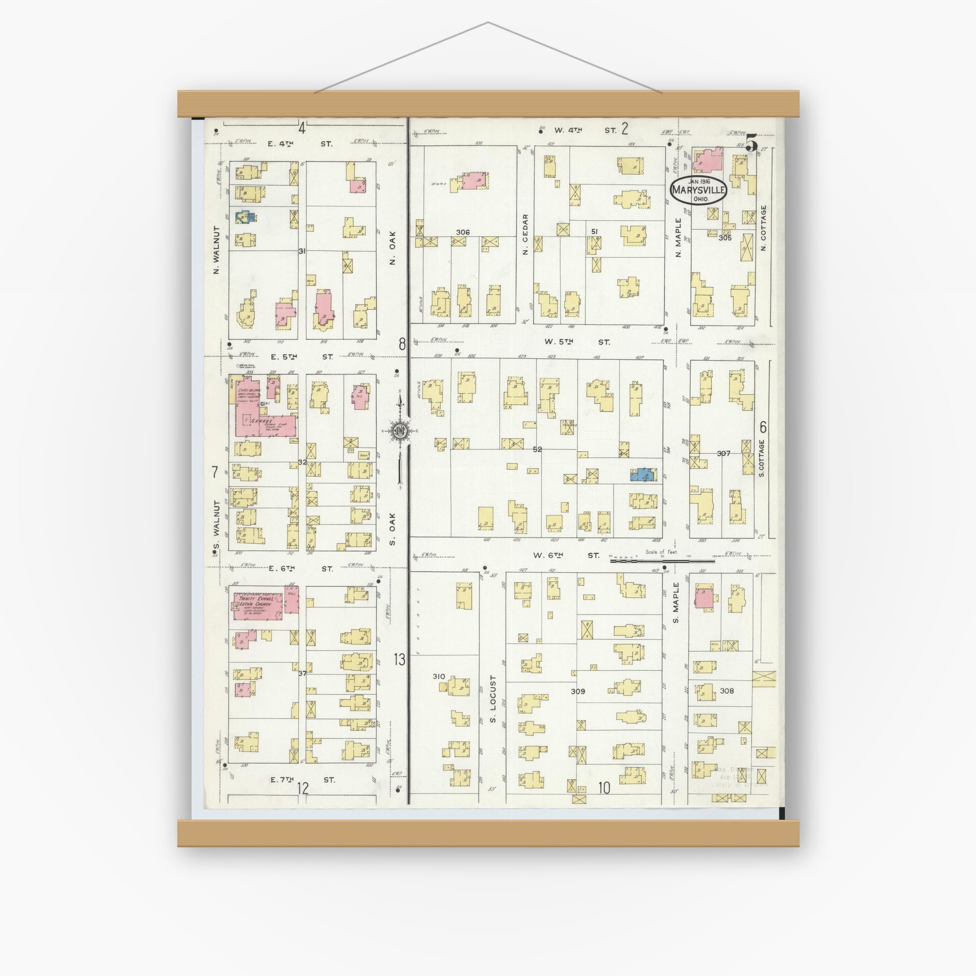 Old map wall art mockup — magnetic wood frame on white wall — Sanborn Fire Insurance Map from Marysville, Union County, Ohio (1916), Sheet #0005