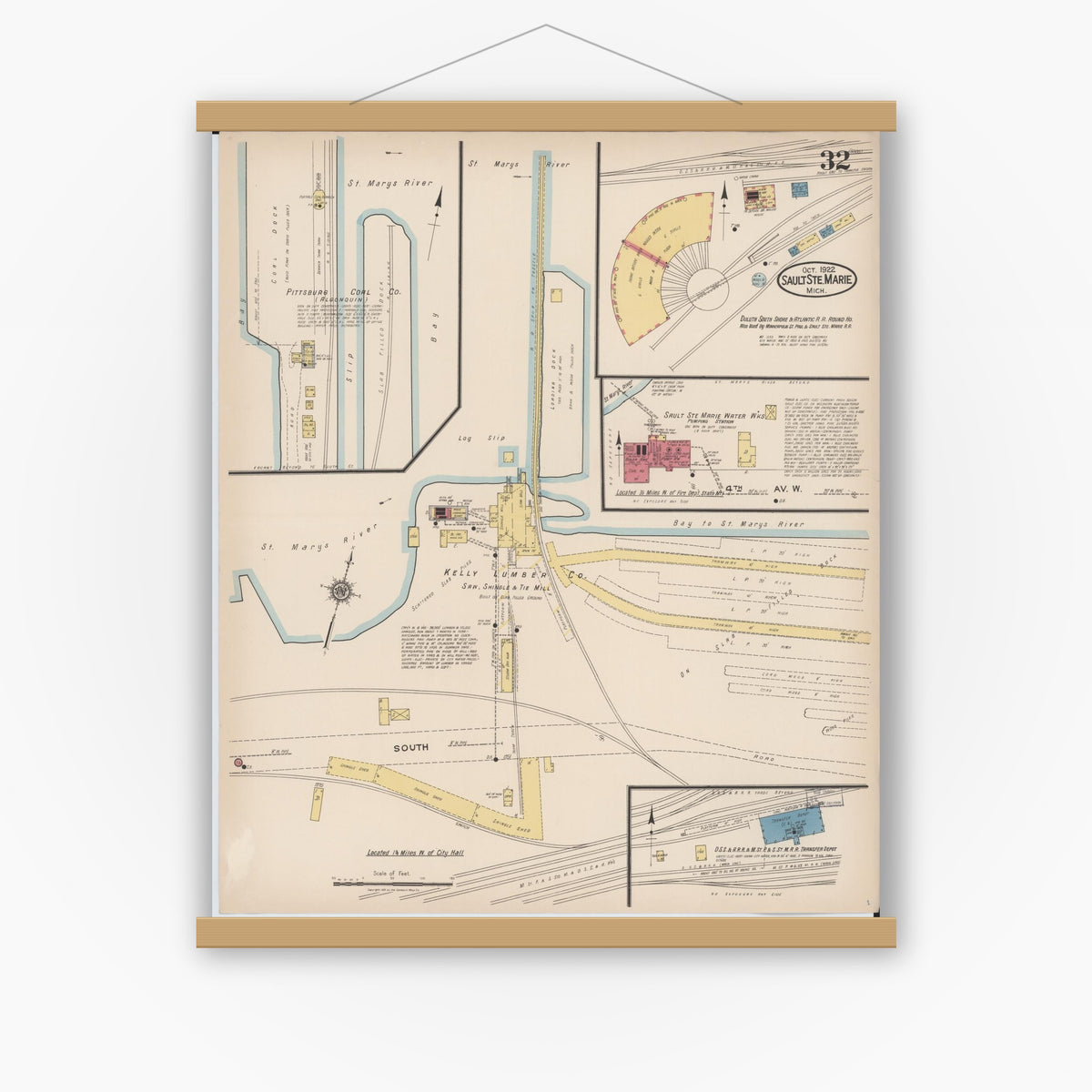Old map wall art mockup — magnetic wood frame on white wall — Sanborn Fire Insurance Map from Sault Sainte Marie, Chippewa County, Michigan (1922), Sheet #0032