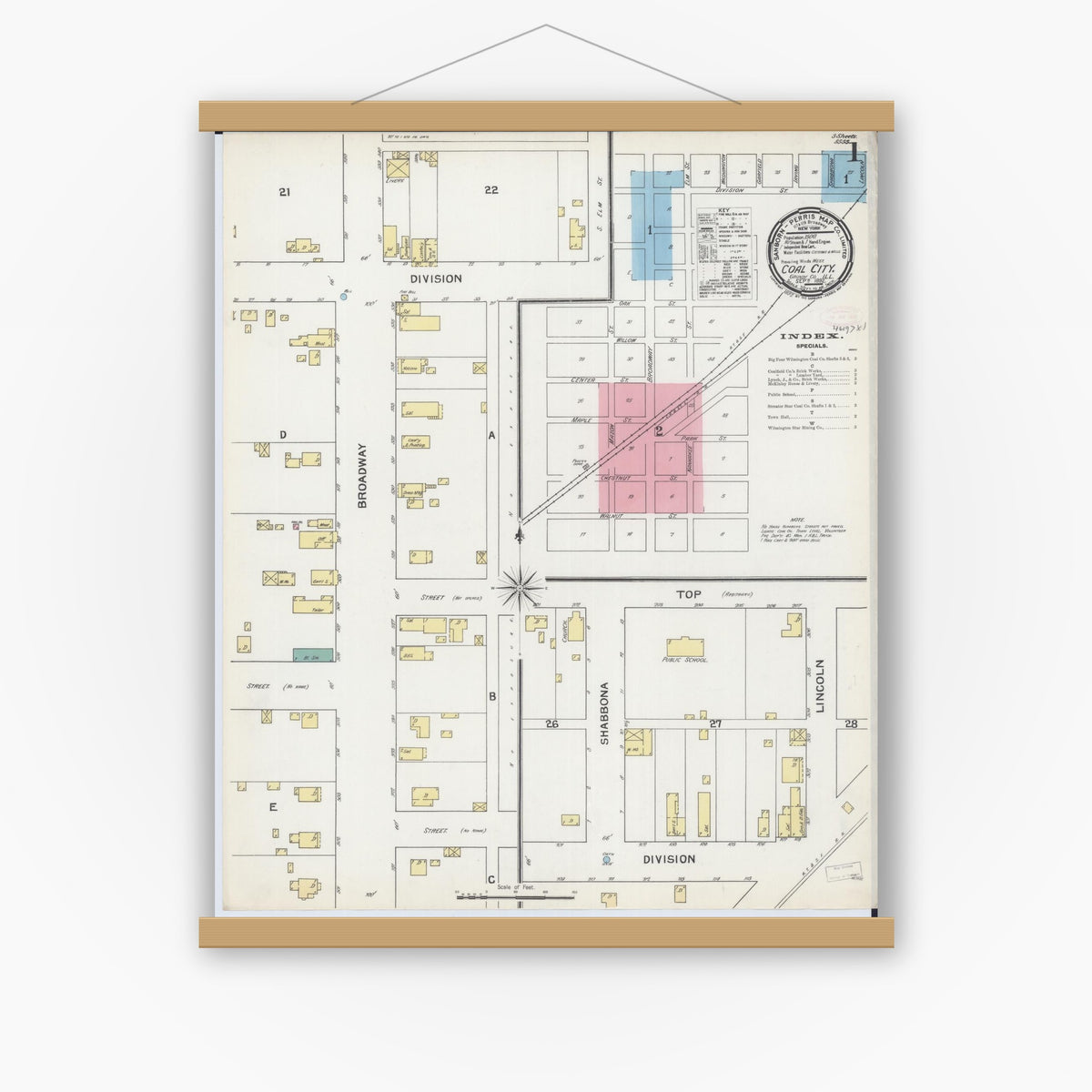 Old map wall art mockup — magnetic wood frame on white wall — Sanborn Fire Insurance Map from Coal City, Grundy County, Illinois (1892), Sheet #0001