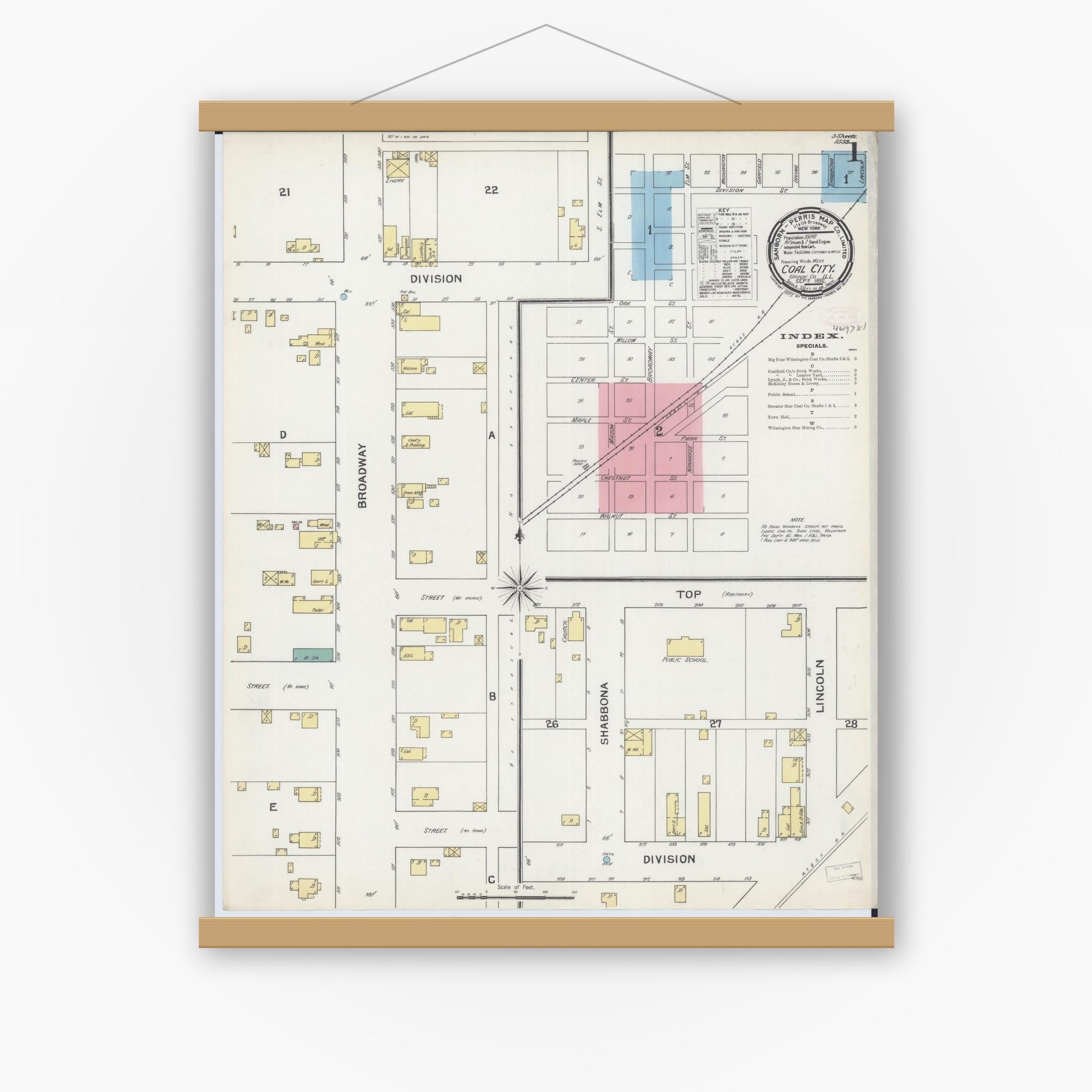 Old map wall art mockup — magnetic wood frame on white wall — Sanborn Fire Insurance Map from Coal City, Grundy County, Illinois (1892), Sheet #0001