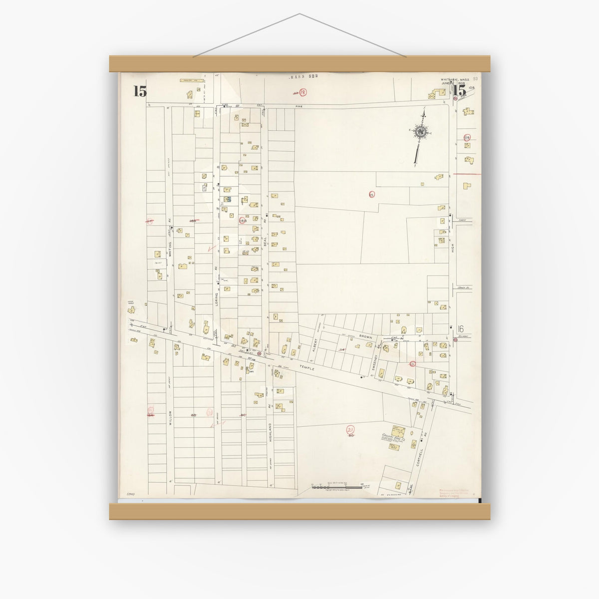 Old map wall art mockup — magnetic wood frame on white wall — Sanborn Fire Insurance Map from Whitman, Plymouth County, Massachusetts (1950), Sheet #0015