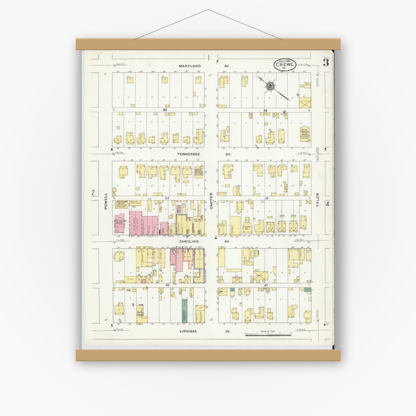 Old map wall art mockup — magnetic wood frame on white wall — Sanborn Fire Insurance Map from Crewe, Nottoway County, Virginia (1909), Sheet #0003